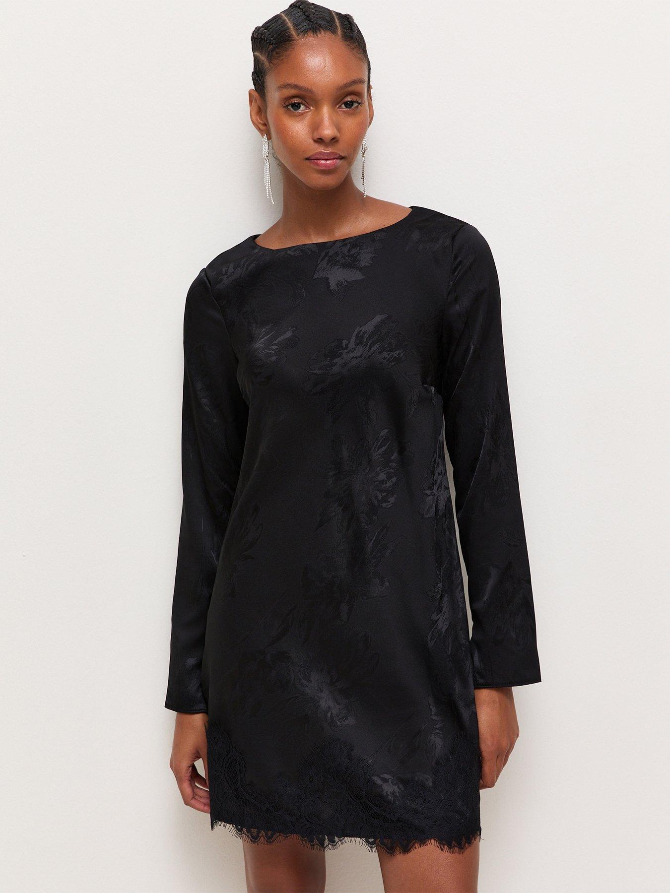 Image 1 of 6 of New Look Womens Satin Jacquard Lace Trim Long Sleeve Mini Dress - Black