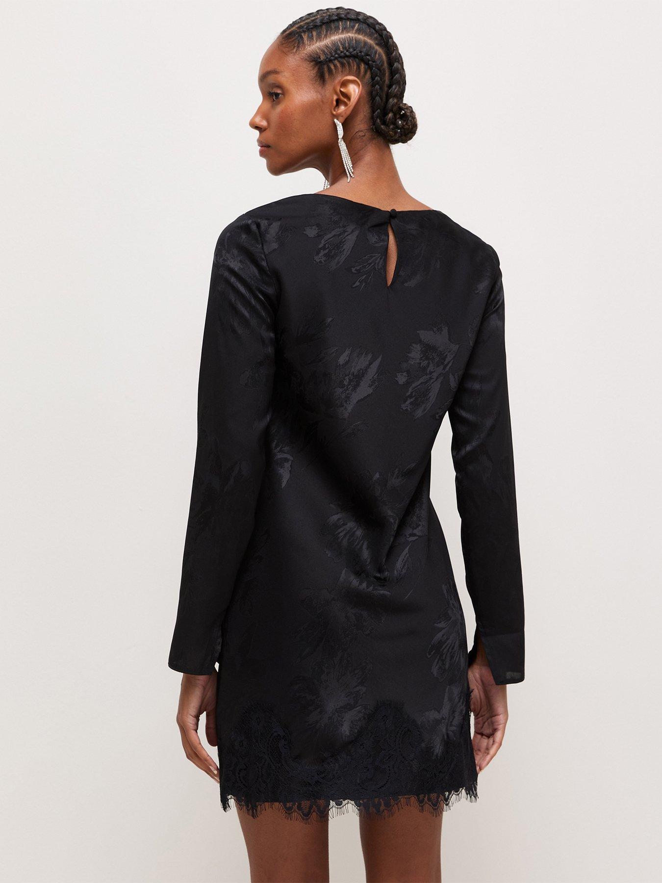 Image 2 of 6 of New Look Womens Satin Jacquard Lace Trim Long Sleeve Mini Dress - Black
