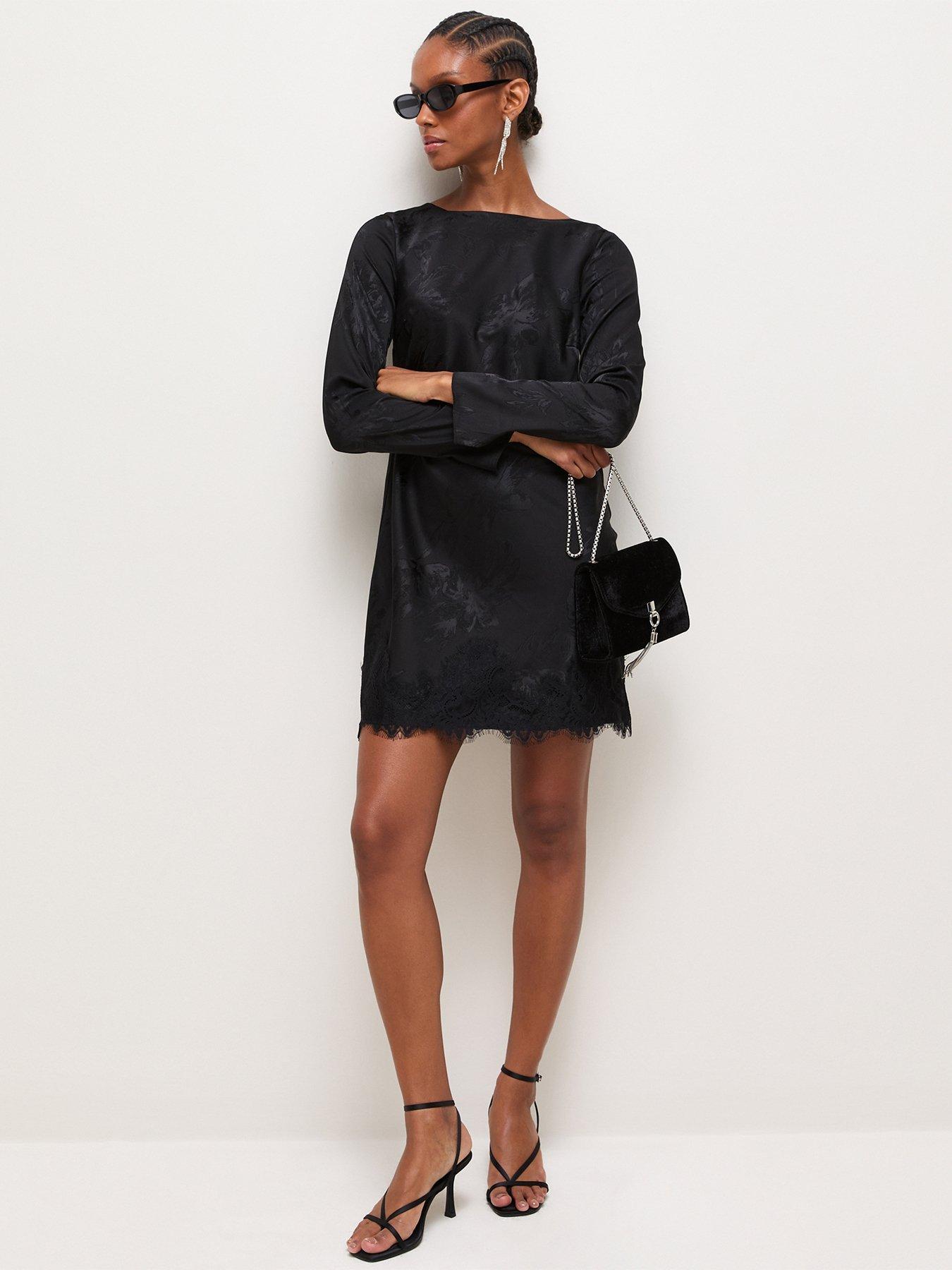 Image 3 of 6 of New Look Womens Satin Jacquard Lace Trim Long Sleeve Mini Dress - Black
