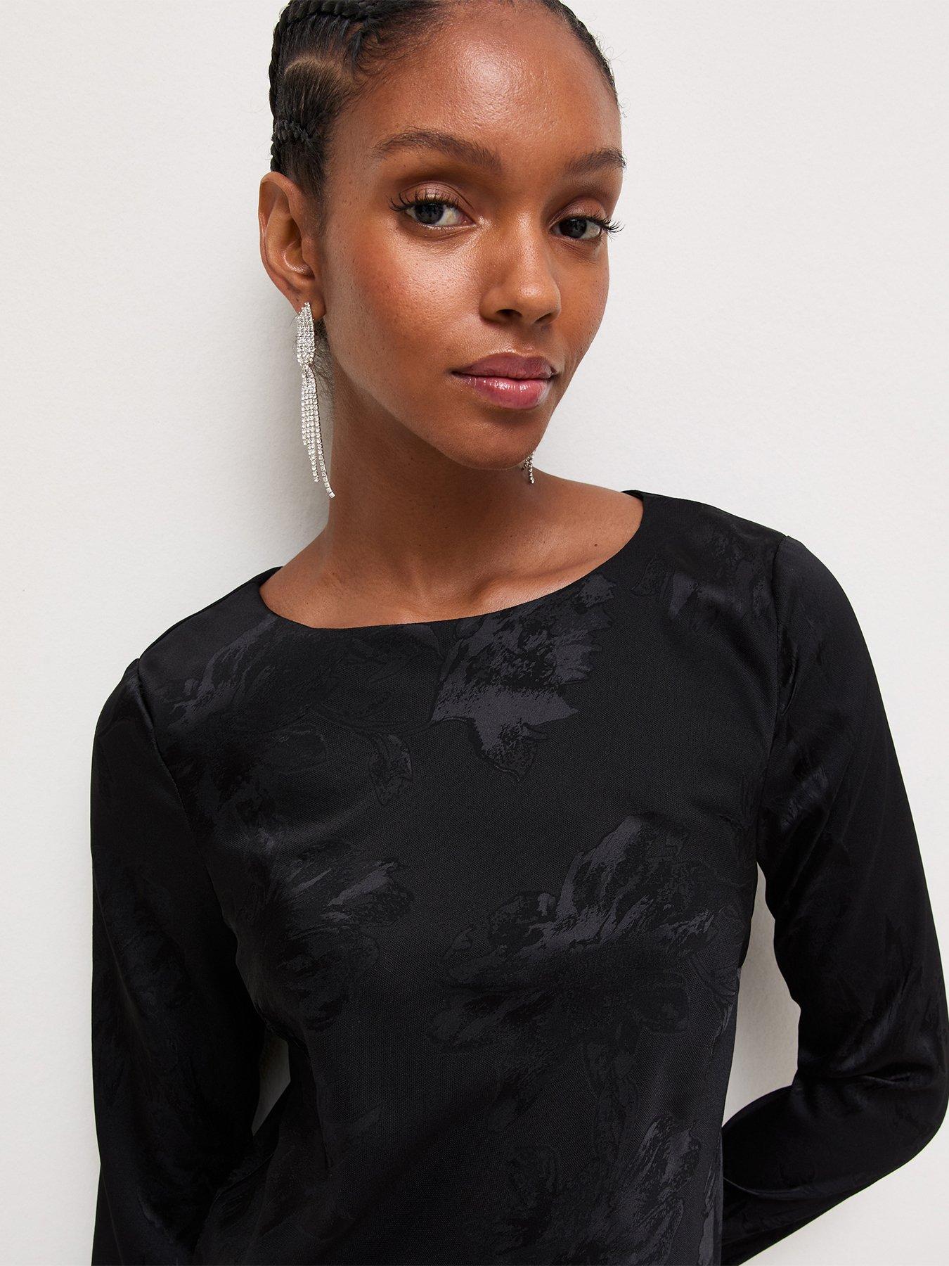 Image 4 of 6 of New Look Womens Satin Jacquard Lace Trim Long Sleeve Mini Dress - Black
