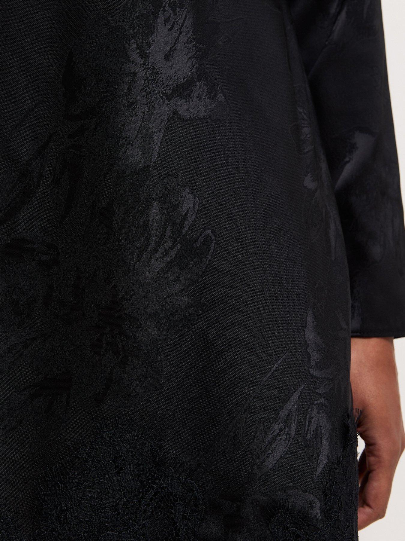 Image 6 of 6 of New Look Womens Satin Jacquard Lace Trim Long Sleeve Mini Dress - Black