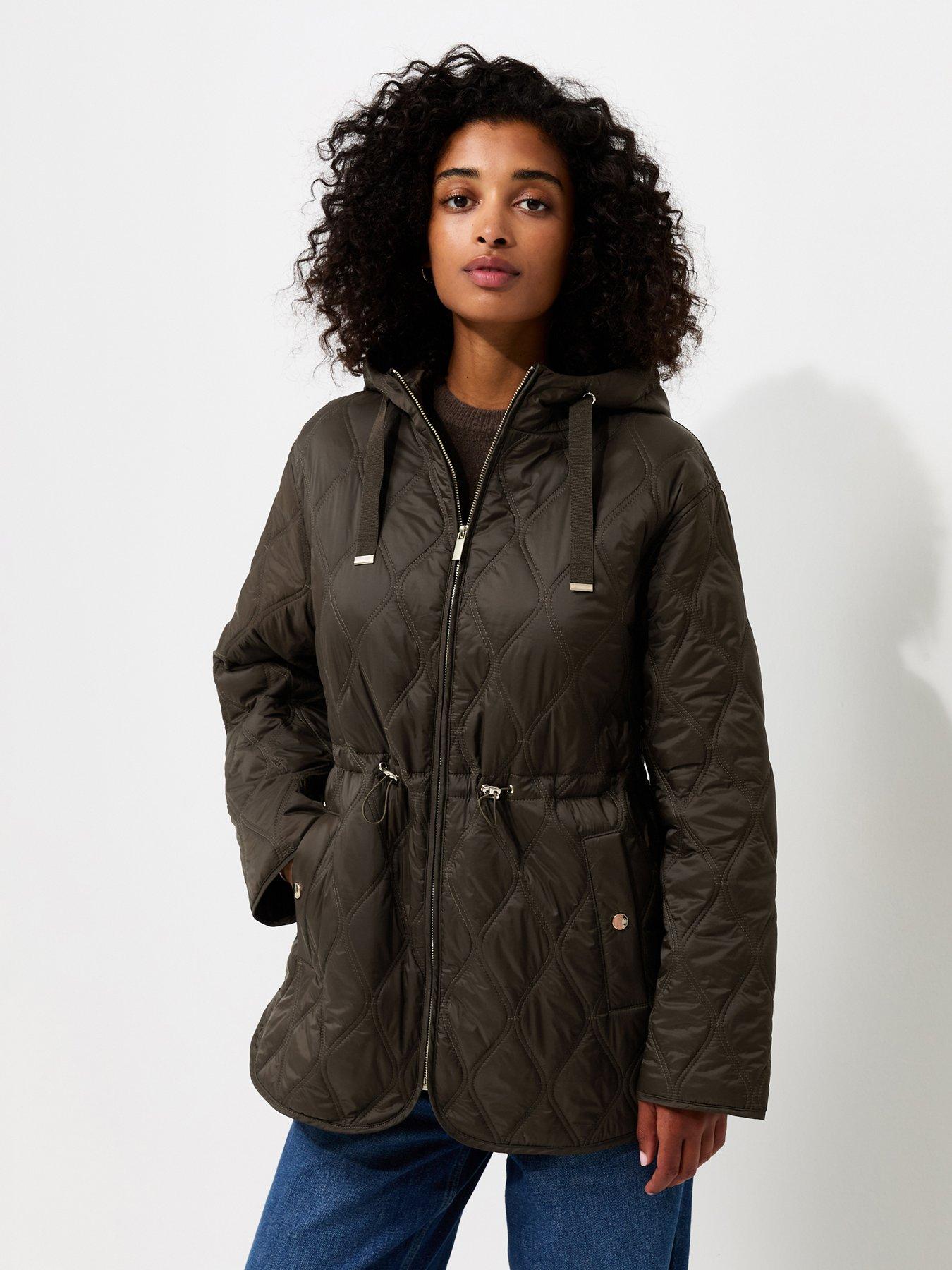New Look Quilted Cinched Waist Hooded Jacket - Green