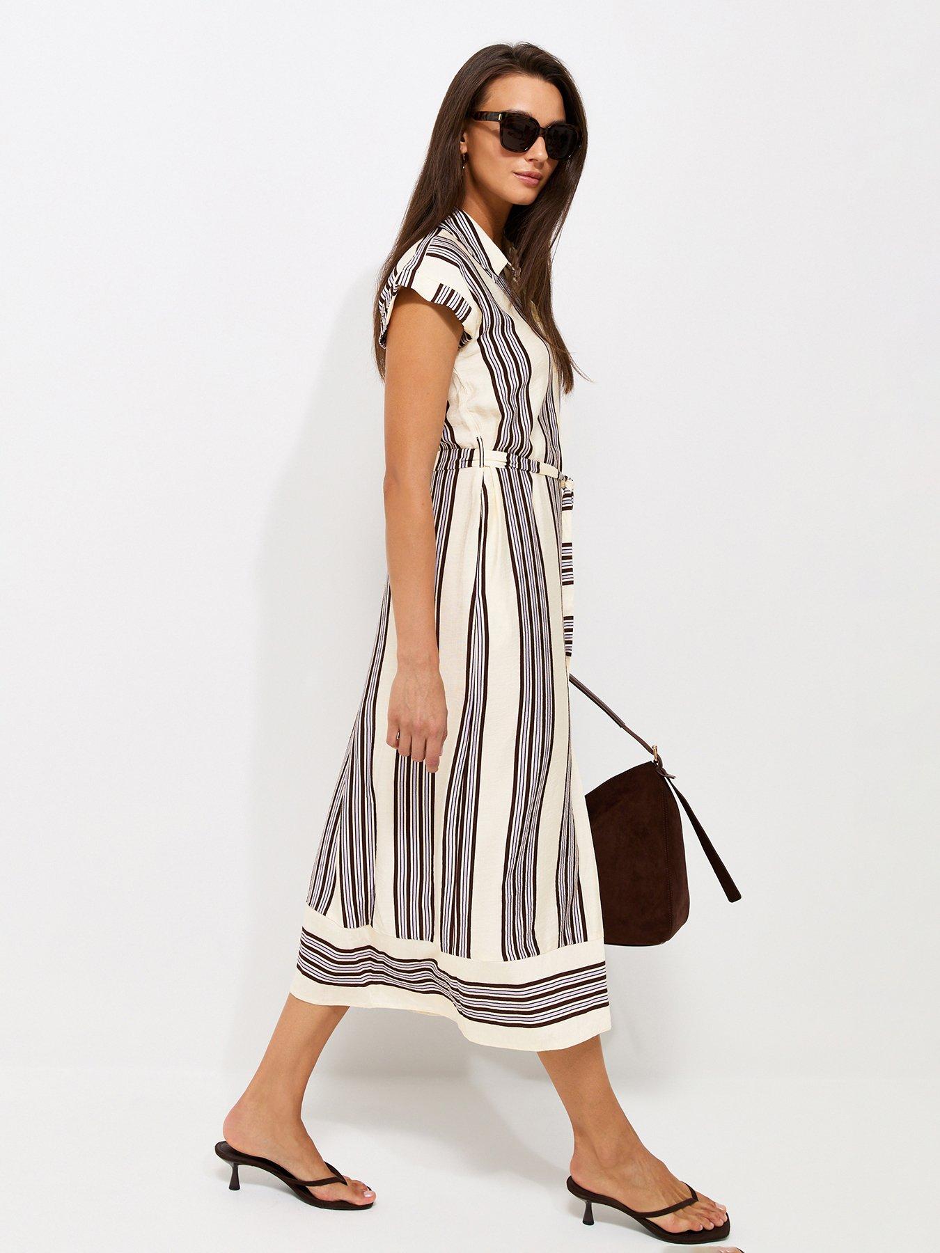 New Look Striped Short Sleeve Midi Shirt Dress - White