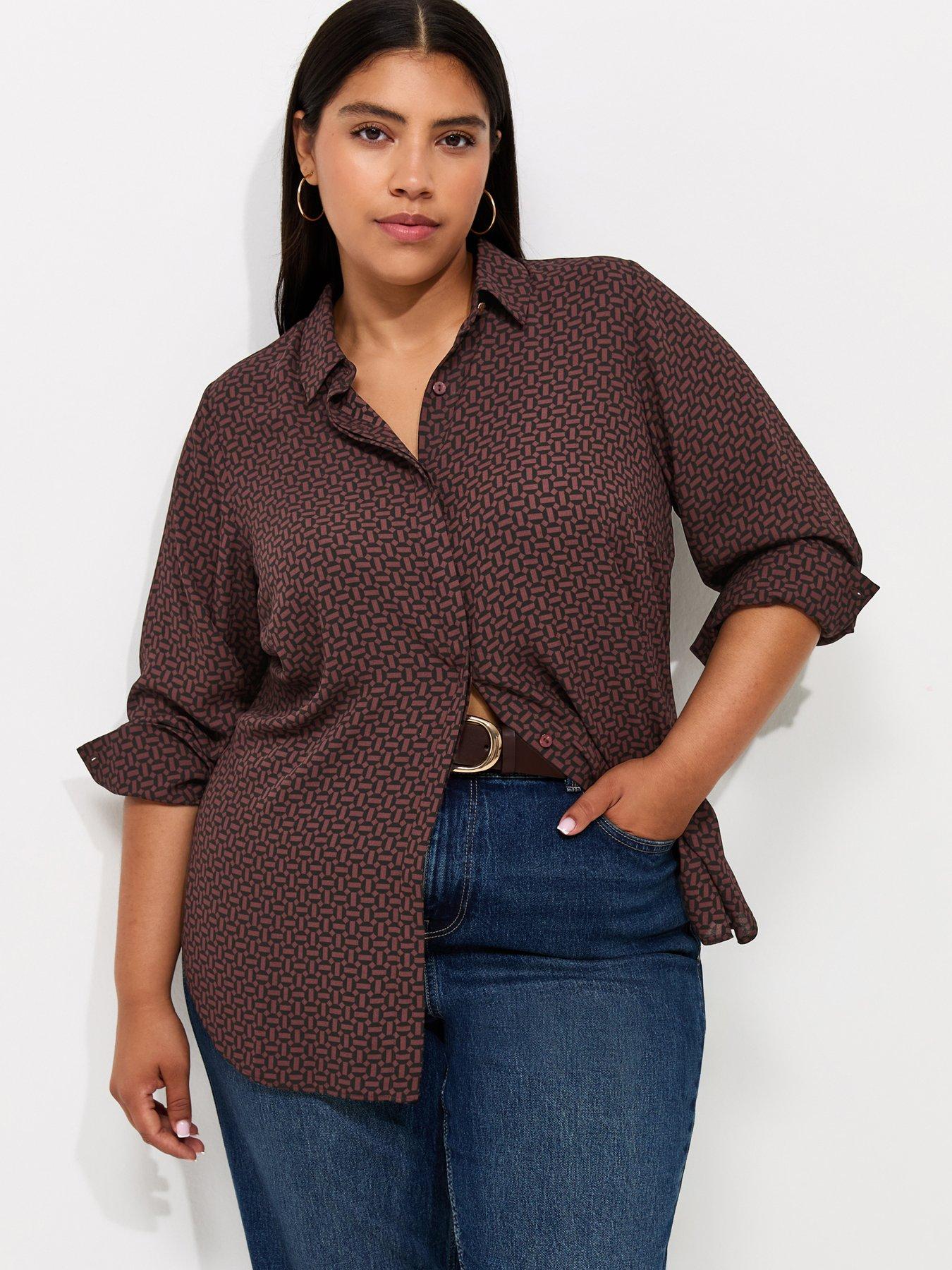 New Look Curves Geometric Print Long Sleeve Shirt - Red