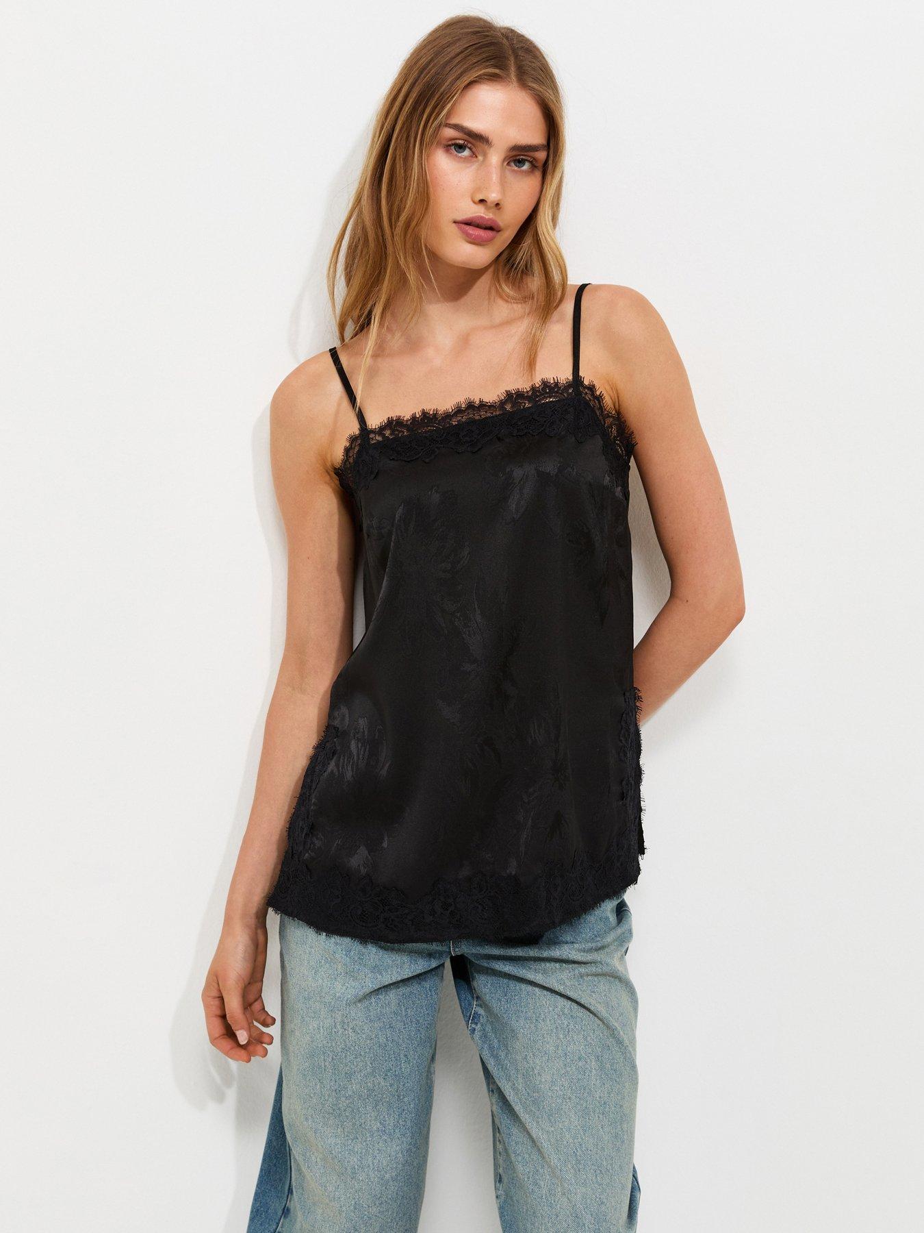 Image 1 of 5 of New Look Womens Floral Jacquard Lace Trim Longline Cami Top - Black