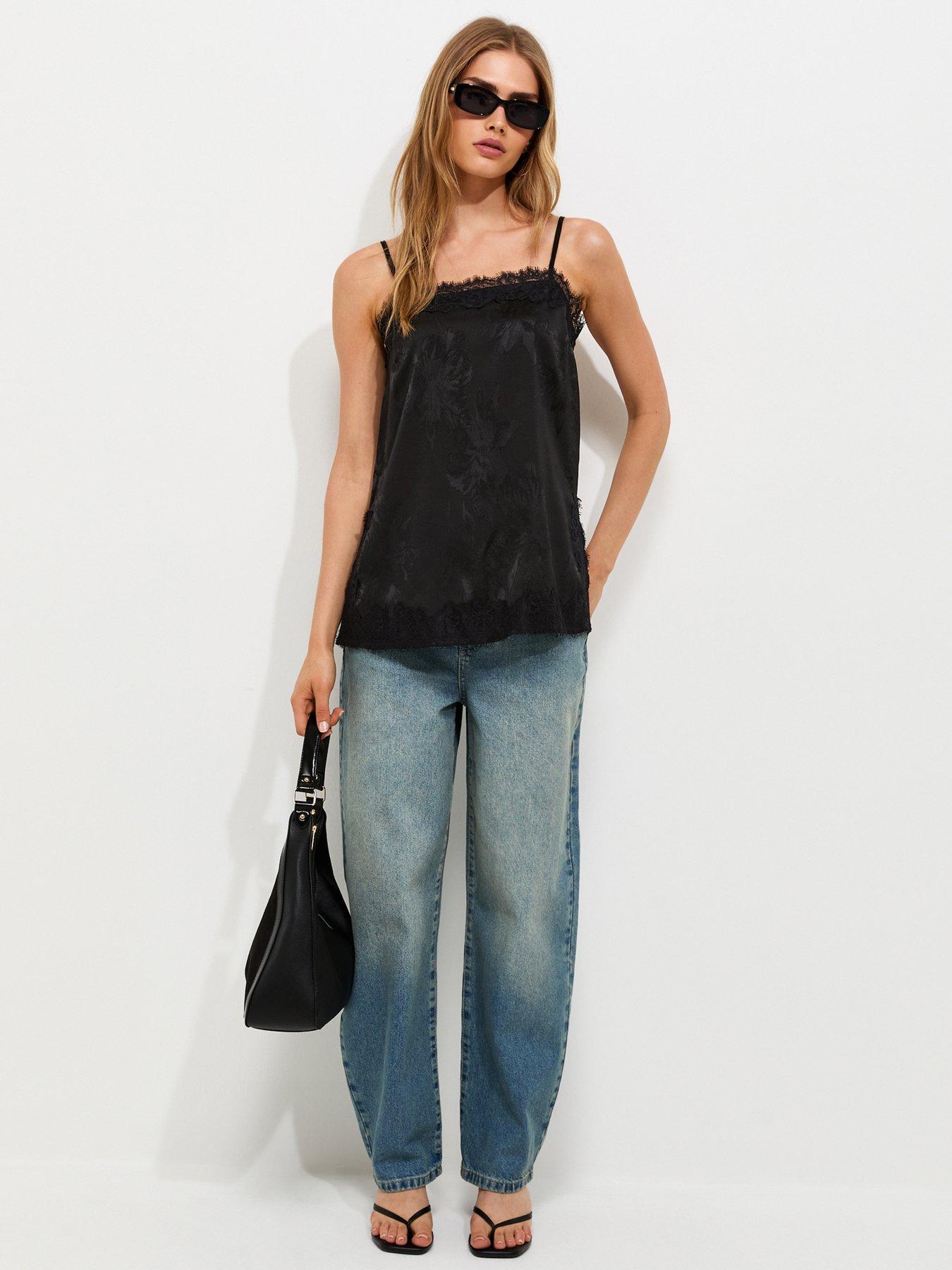 Image 3 of 5 of New Look Womens Floral Jacquard Lace Trim Longline Cami Top - Black