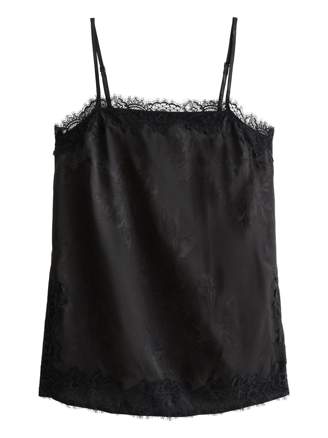 Image 5 of 5 of New Look Womens Floral Jacquard Lace Trim Longline Cami Top - Black