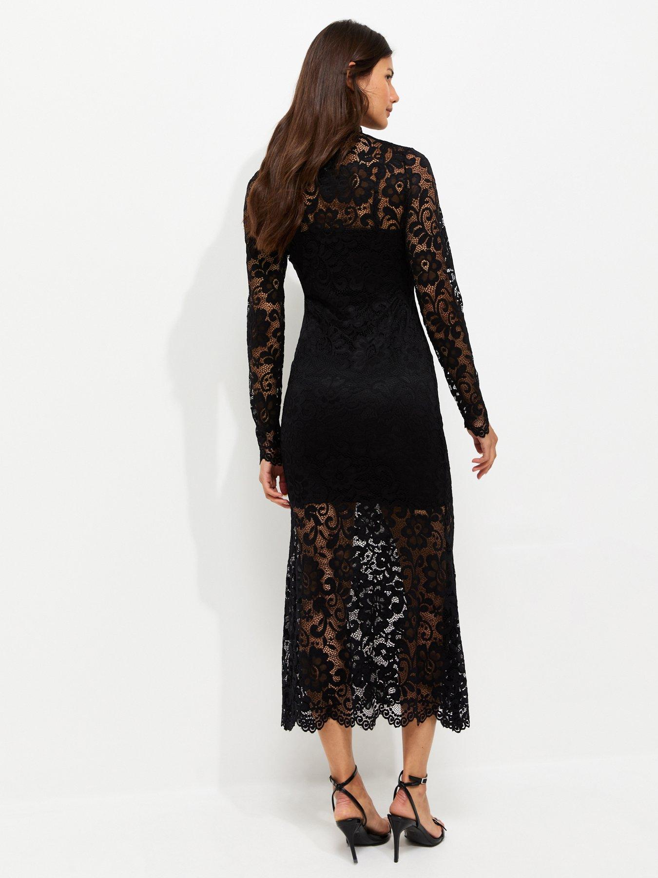 Image 2 of 5 of New Look Womens High Neck Lace Long Sleeve Midi Dress - Black
