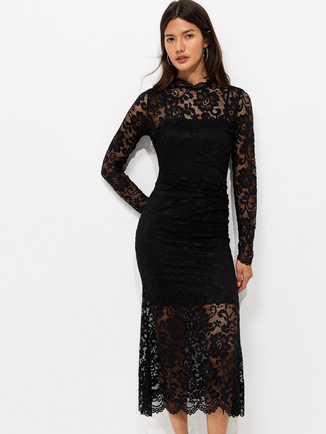 Image 3 of 5 of New Look Womens High Neck Lace Long Sleeve Midi Dress - Black
