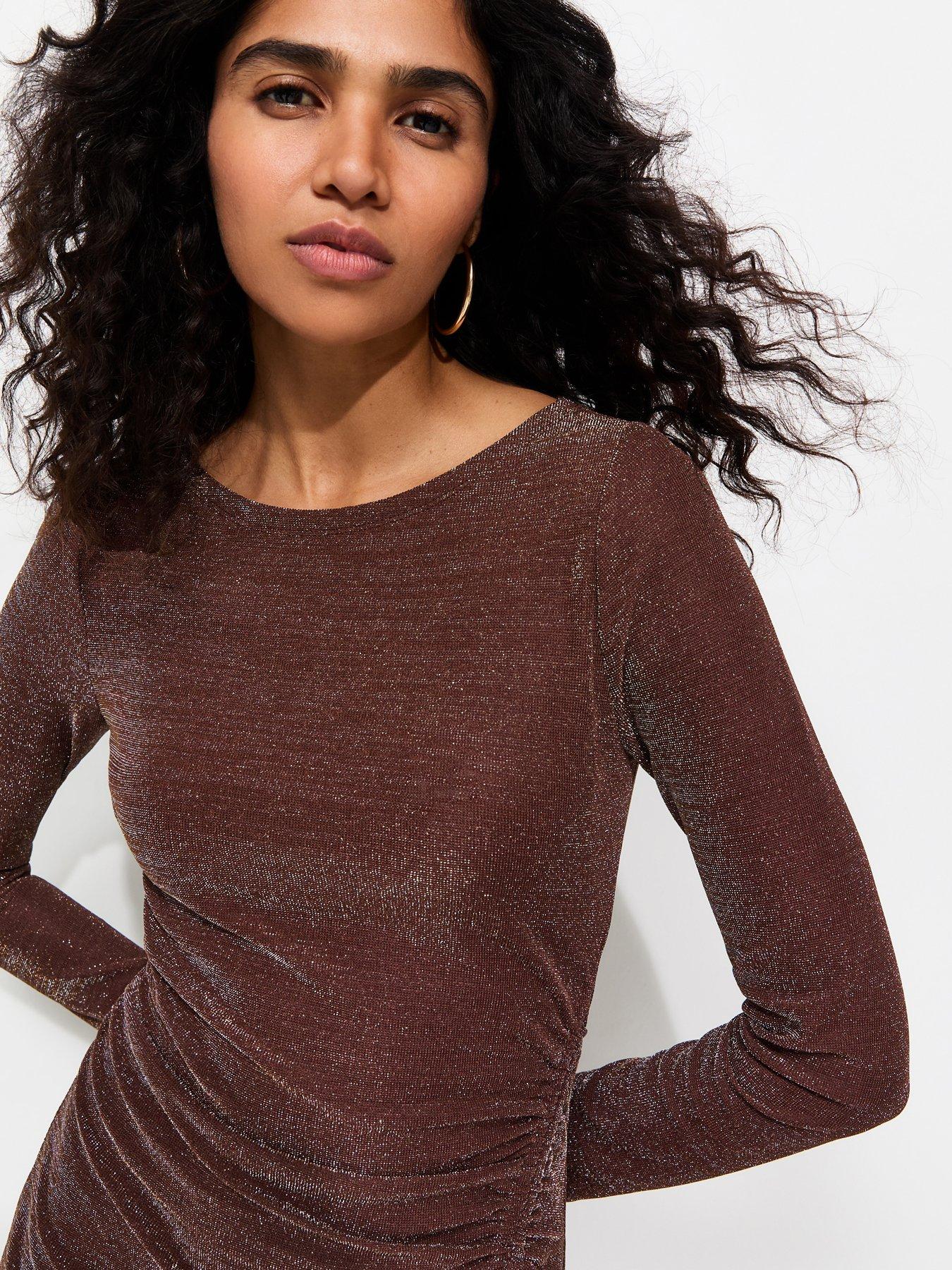 Image 4 of 5 of New Look Womens Shimmer Ruched Drawstring Hem Bodycon Dress - Brown