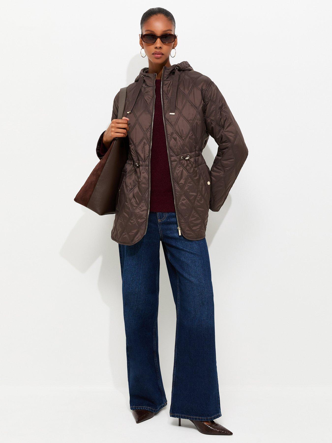 New Look Quilted Cinched Waist Hooded Jacket - Brown