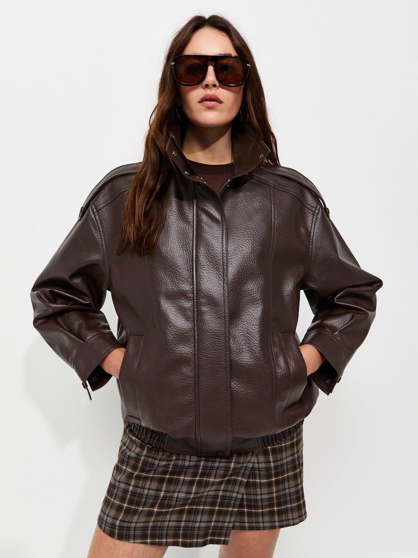 Image 1 of 5 of New Look Faux Leather Funnel Neck Oversized Jacket - Brown