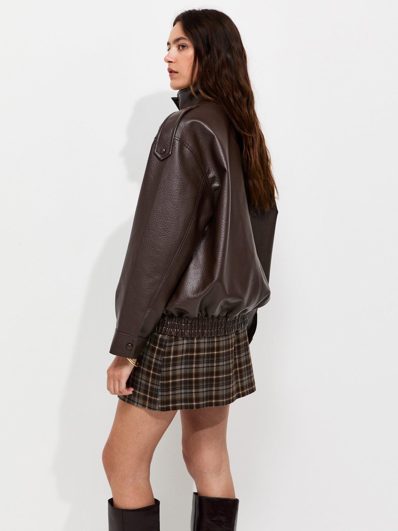 Image 2 of 5 of New Look Faux Leather Funnel Neck Oversized Jacket - Brown