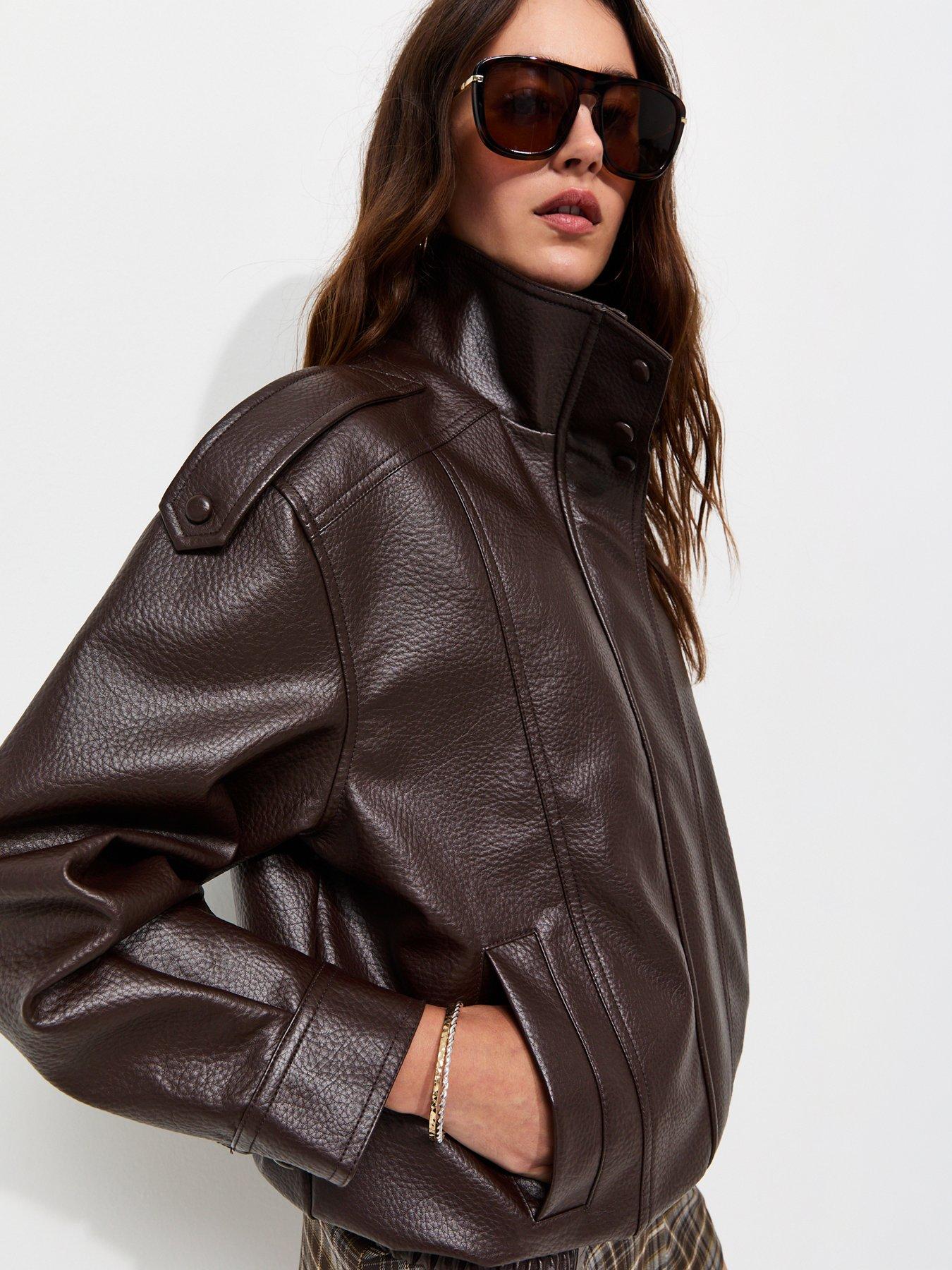 Image 4 of 5 of New Look Faux Leather Funnel Neck Oversized Jacket - Brown