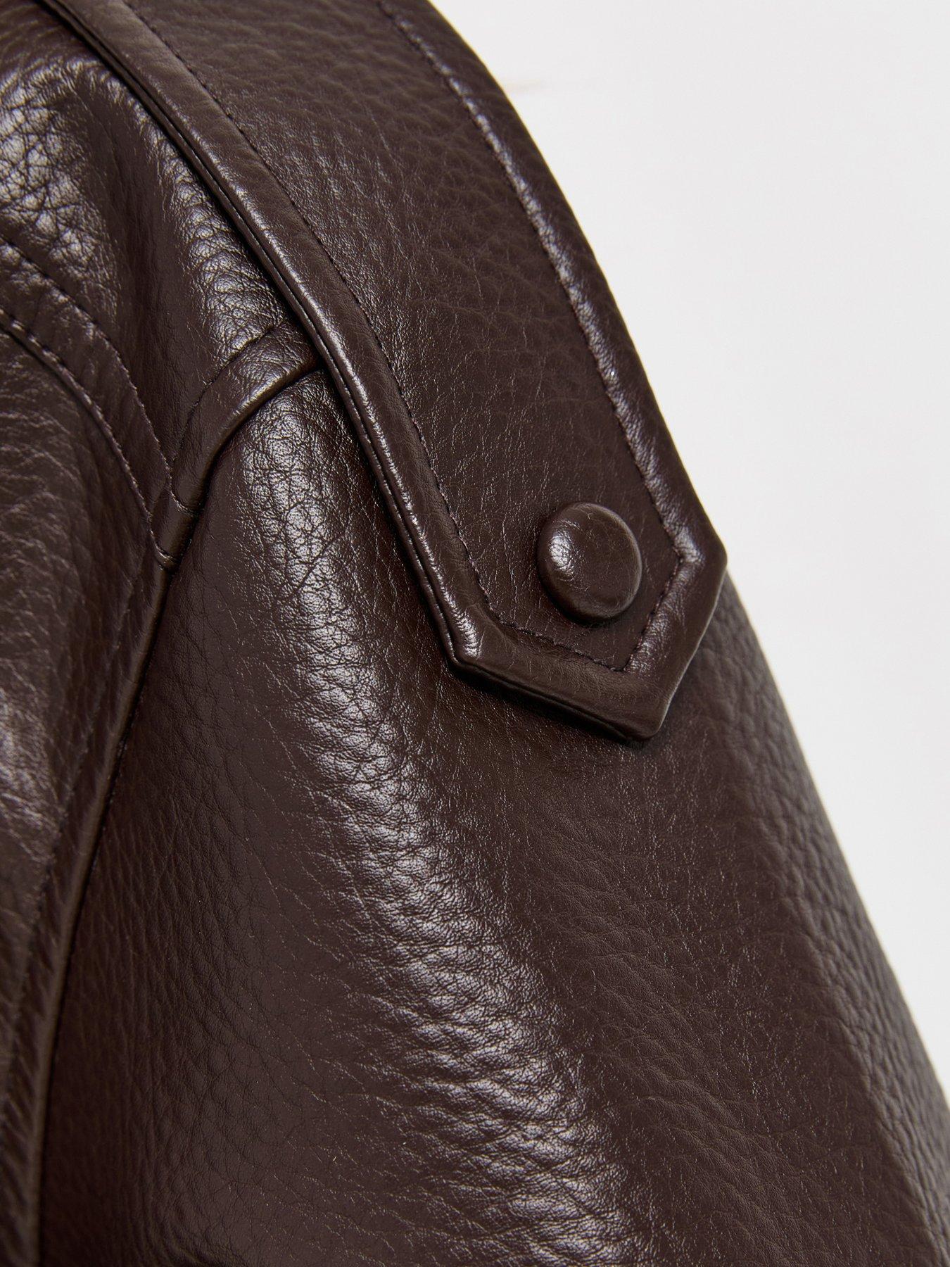Image 5 of 5 of New Look Faux Leather Funnel Neck Oversized Jacket - Brown