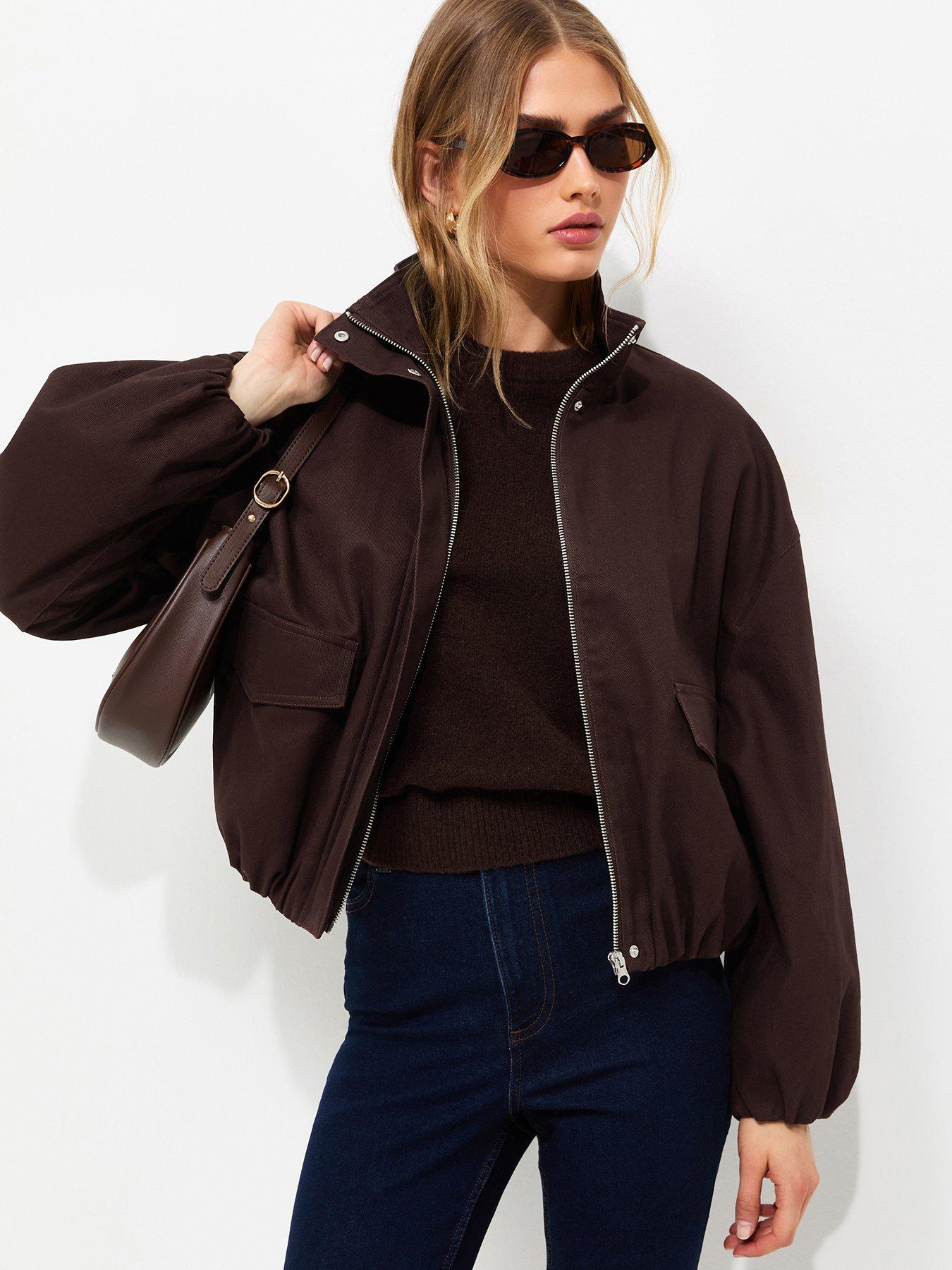 New Look Cotton Funnel Neck Bubble Hem Short Jacket - Brown