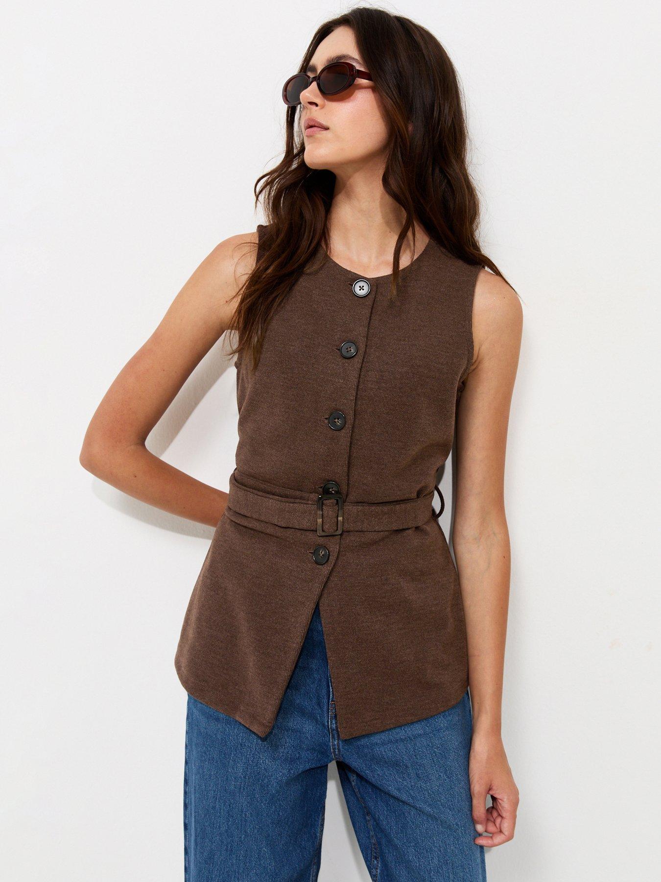 Image 1 of 5 of New Look Womens Soft Touch Belted Button-Through Waistcoat - Brown