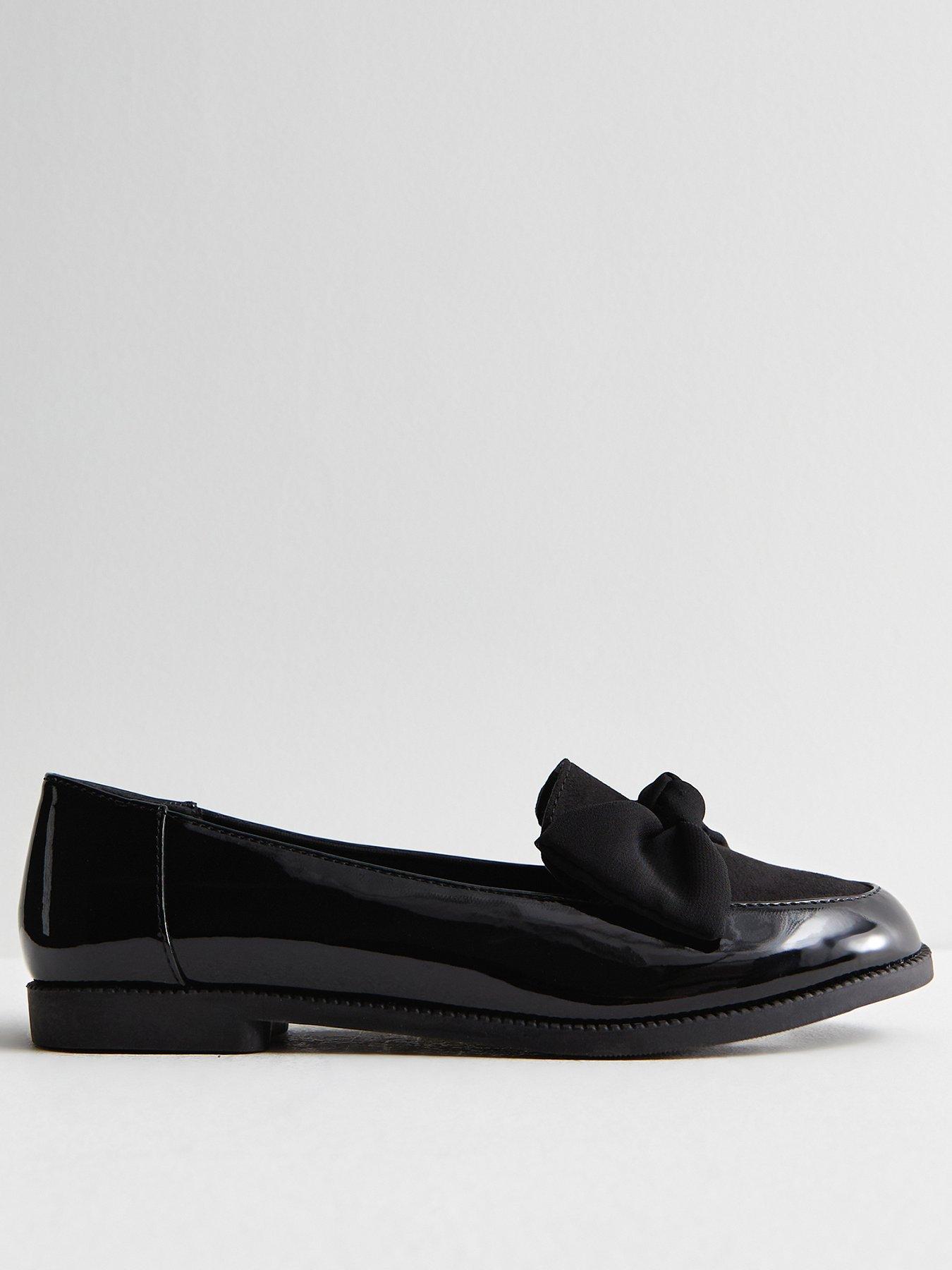Image 1 of 6 of New Look Black Faux Patent Leather Bow Loafers