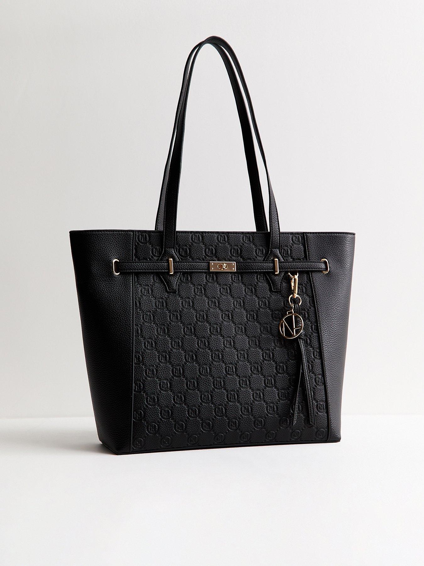 New Look Faux Leather Embossed Monogram Tote Bag - Black