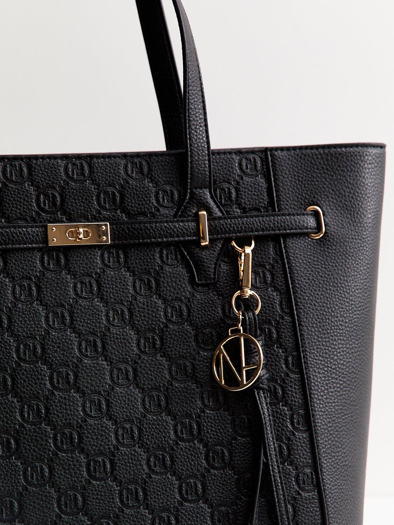 Image 3 of 4 of New Look Faux Leather Embossed Monogram Tote Bag - Black