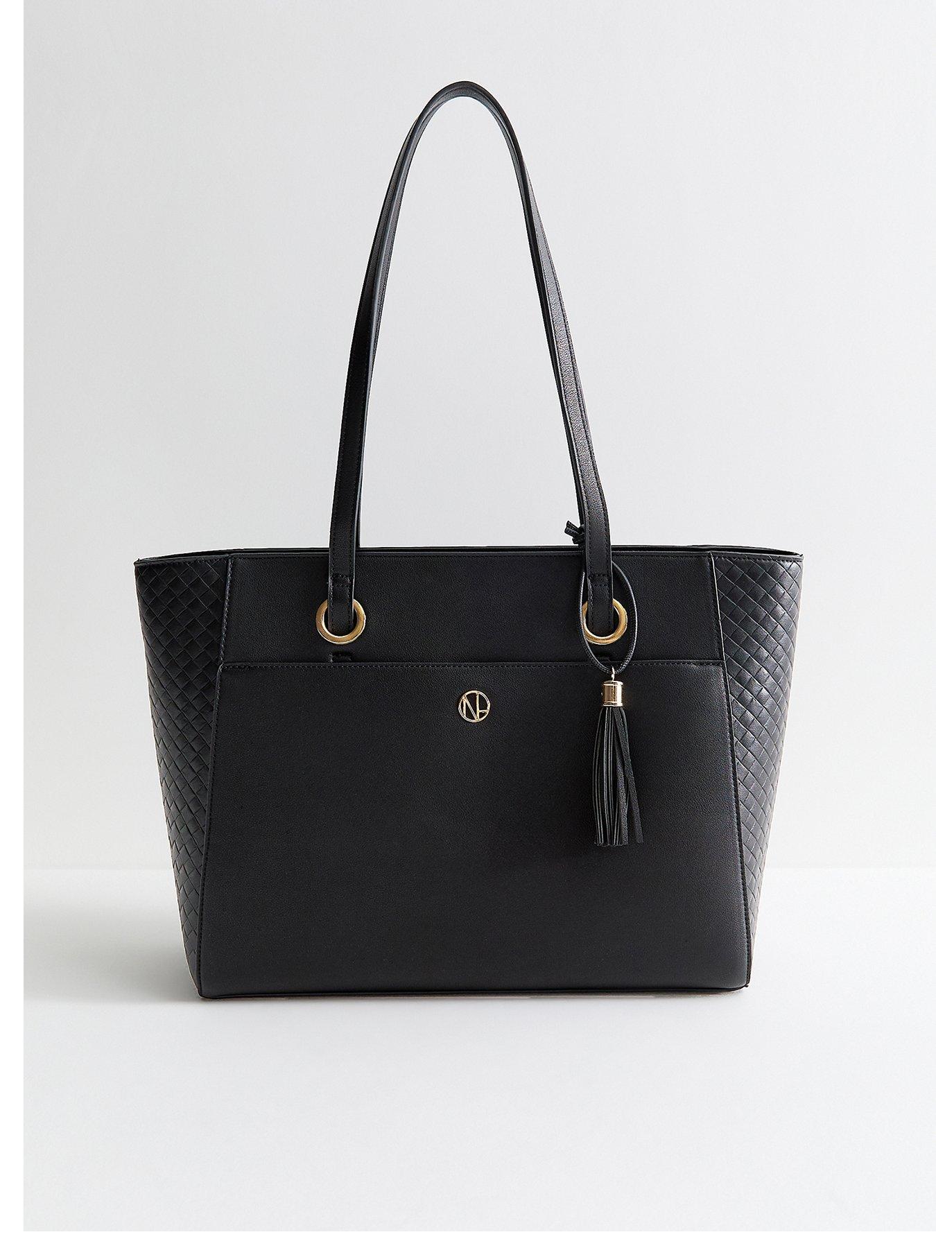 New Look Faux Leather Woven Effect Panelled Tote School Bag - Black