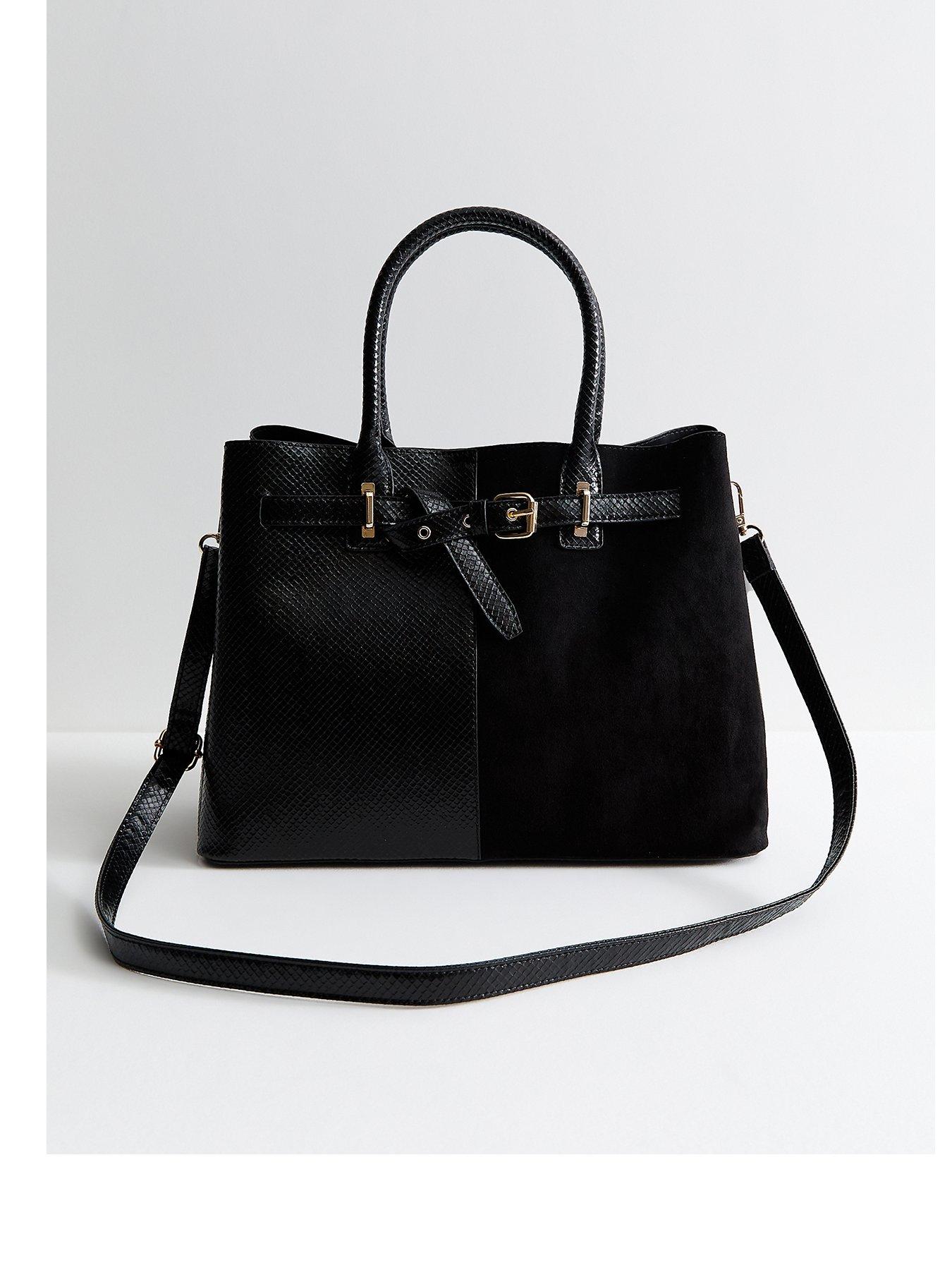 New Look Black Snake Embossed Faux Leather Belted Tote Bag