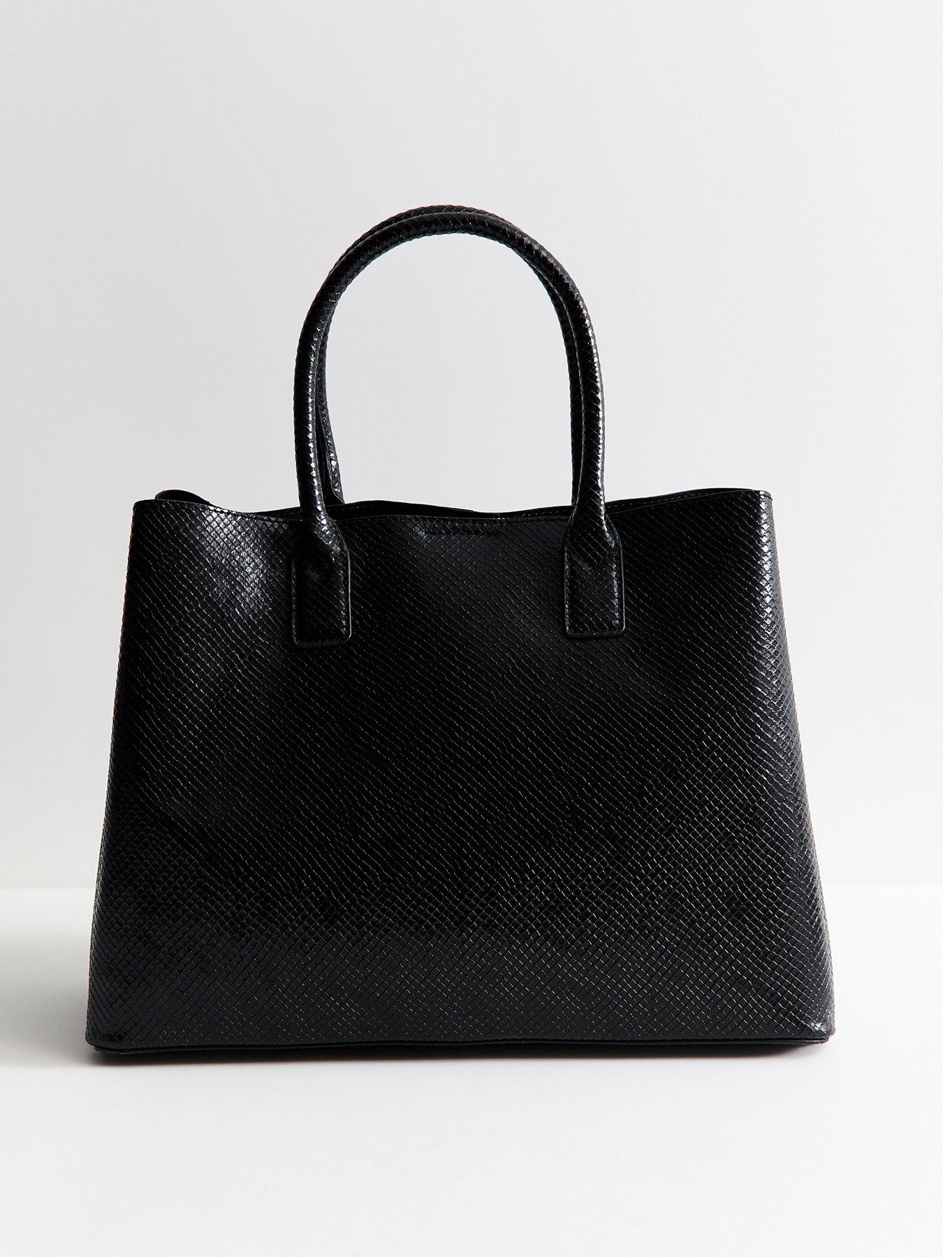 Image 3 of 5 of New Look Snake Embossed Faux Leather Belted Tote School&nbsp;Bag - Black