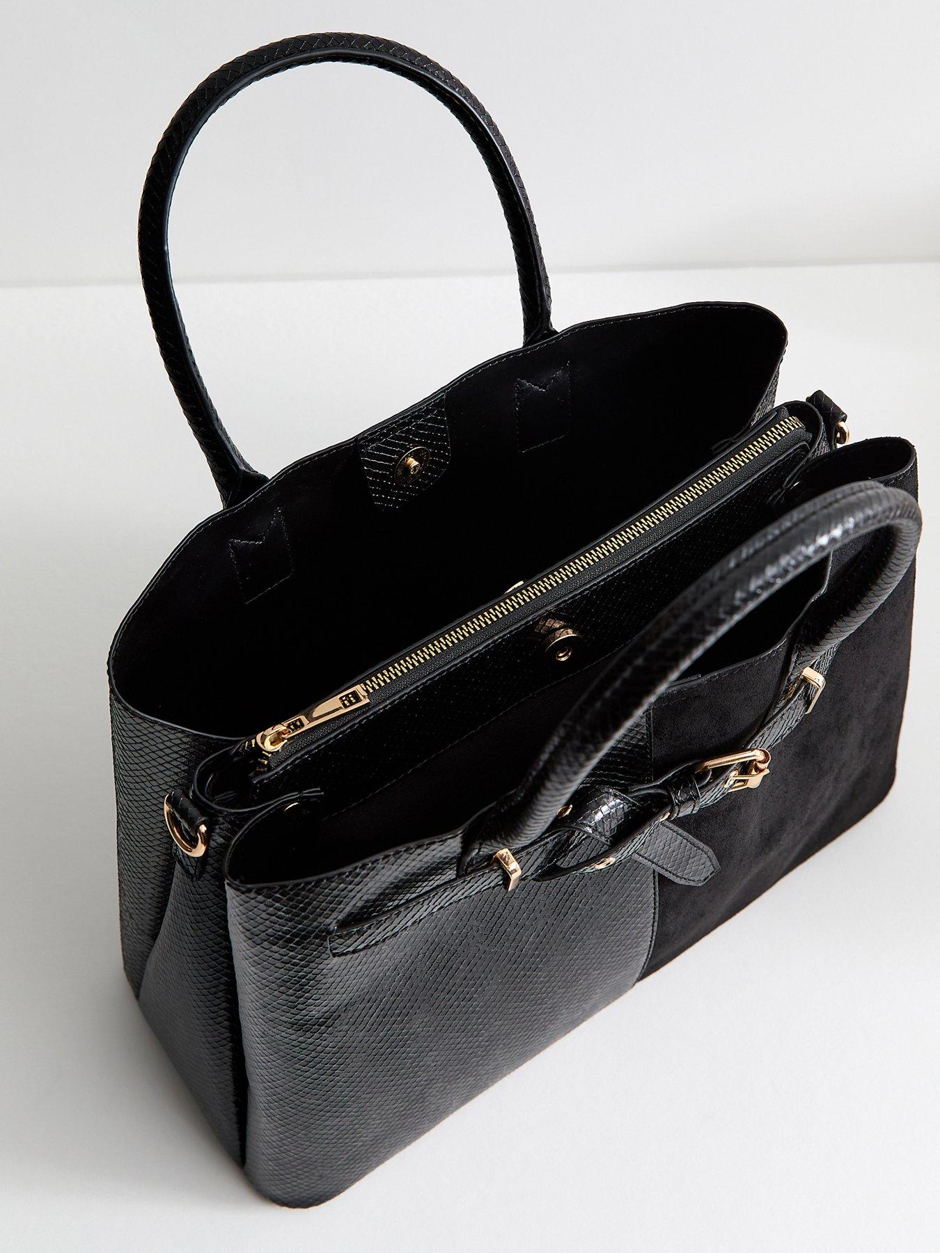 Image 4 of 5 of New Look Snake Embossed Faux Leather Belted Tote School&nbsp;Bag - Black