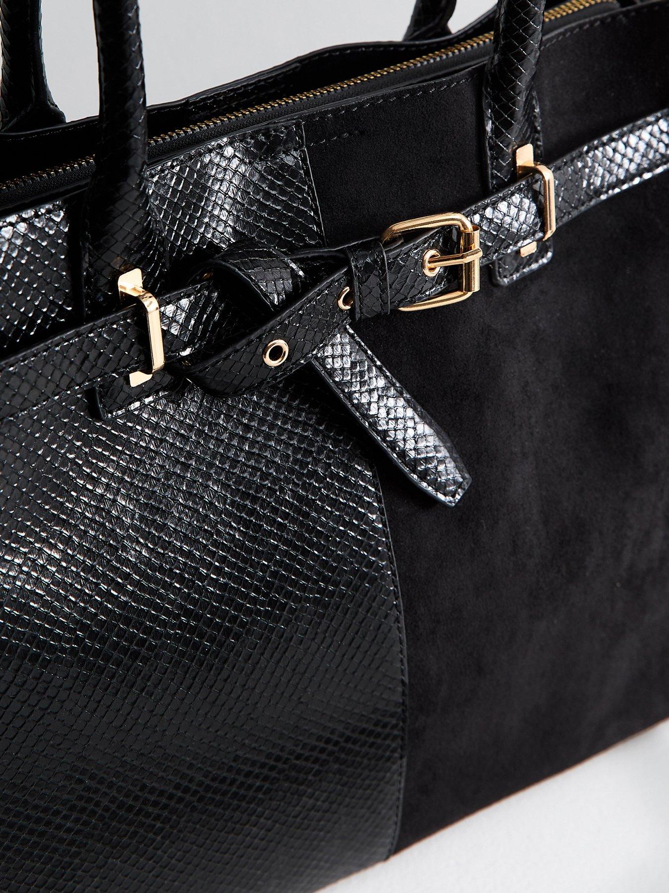 Image 5 of 5 of New Look Snake Embossed Faux Leather Belted Tote School&nbsp;Bag - Black