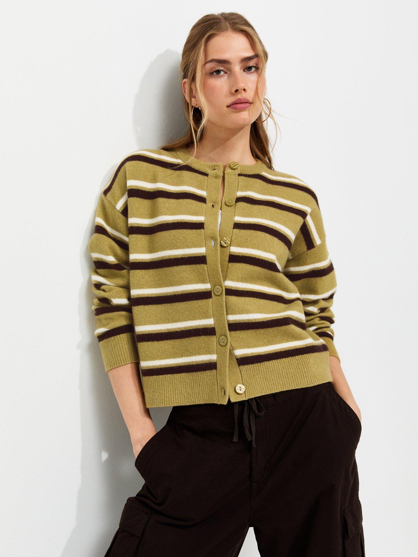New Look Knitted Stripe Cardigan - Green