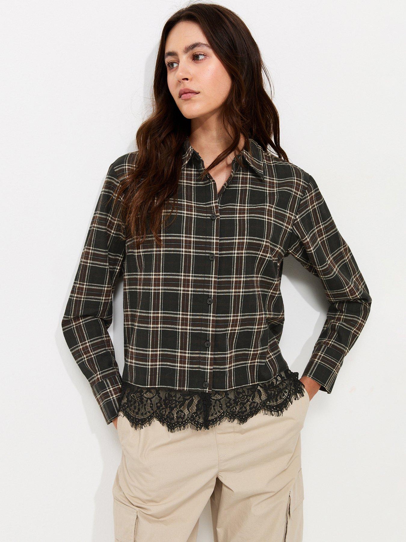 New Look Cotton Checked Lace Trim Shirt - Black