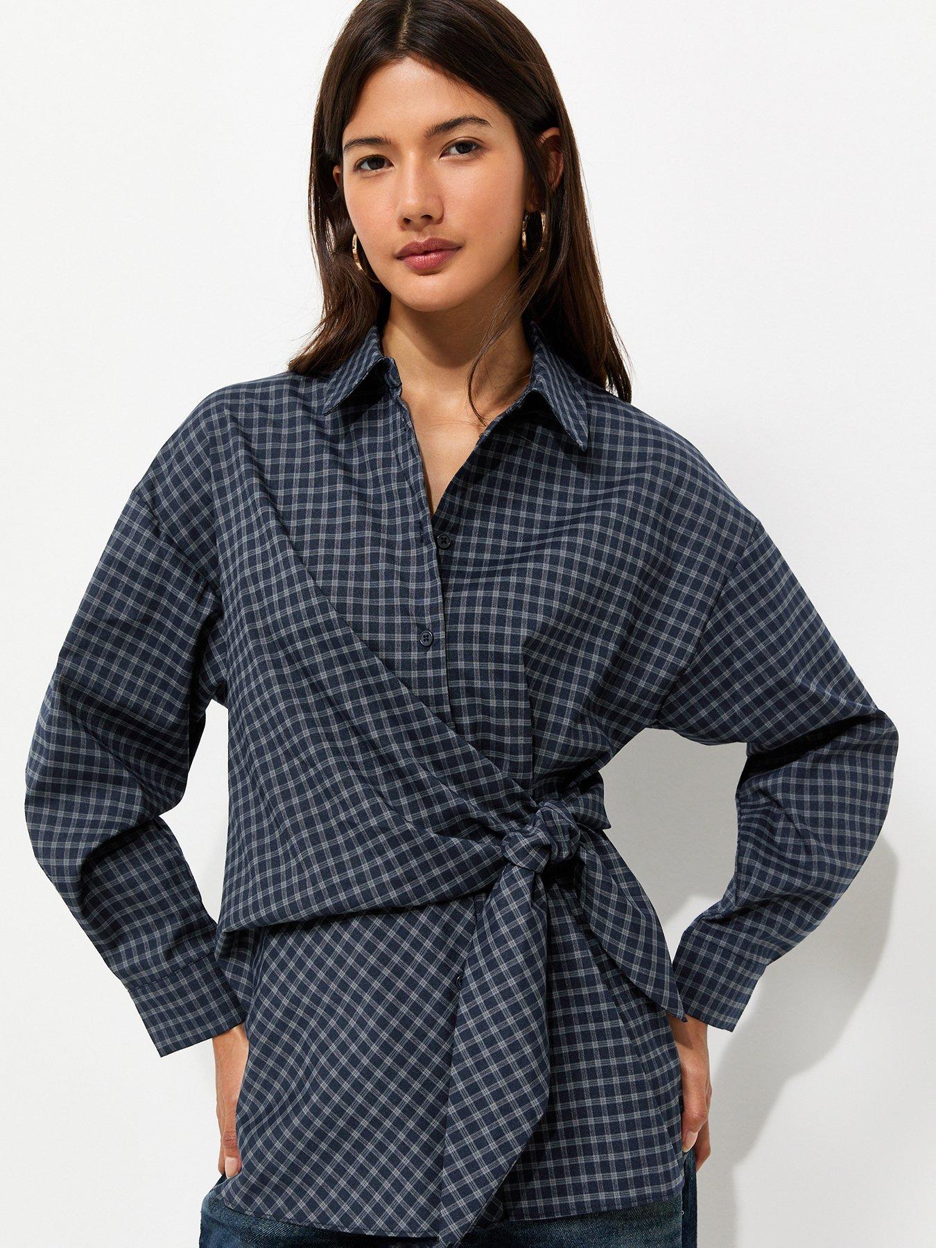 New Look Check Side Tie Long Sleeve Shirt - Blue