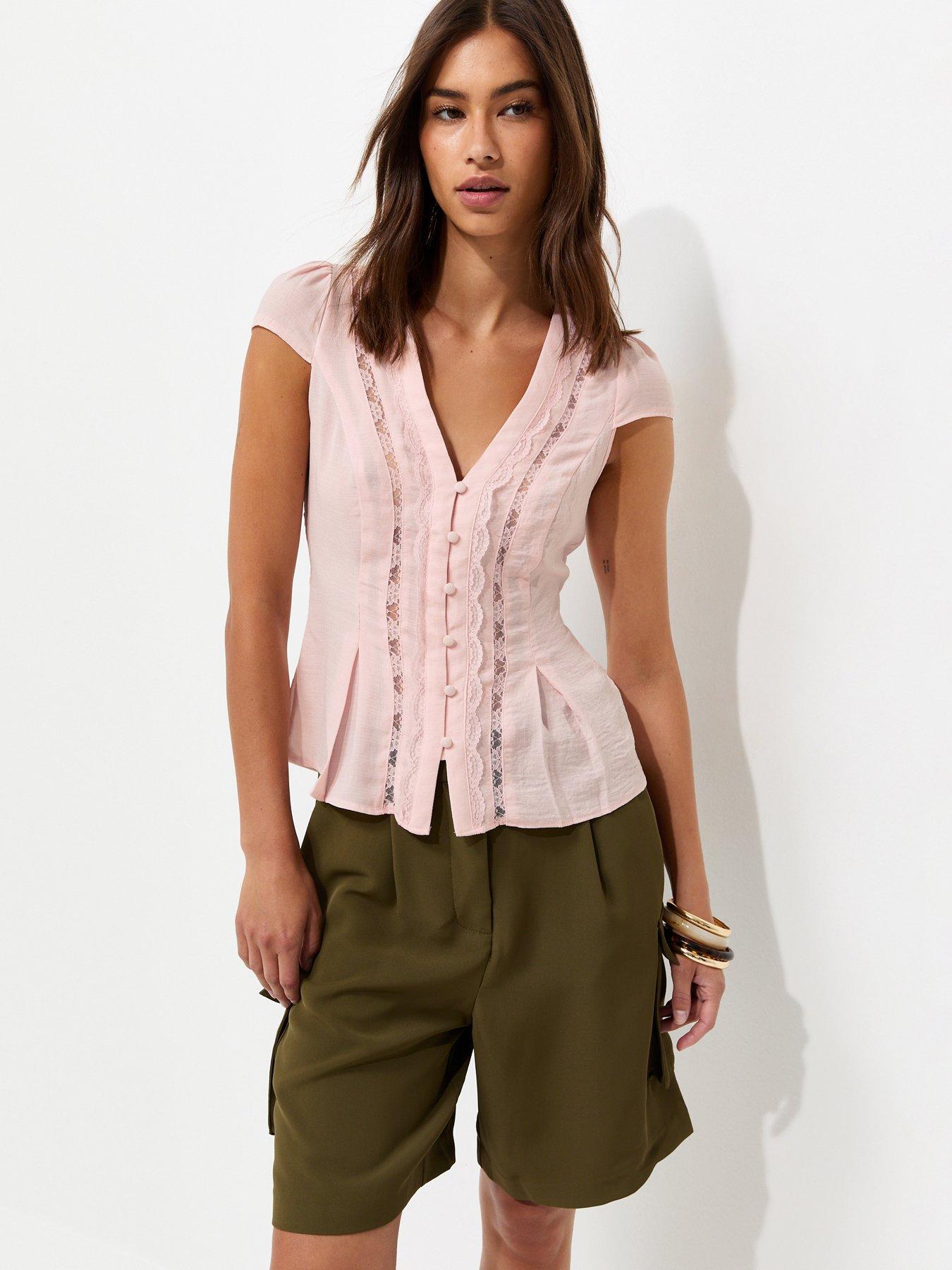 New Look Lace Trim Cap Sleeve Blouse - Light Pink