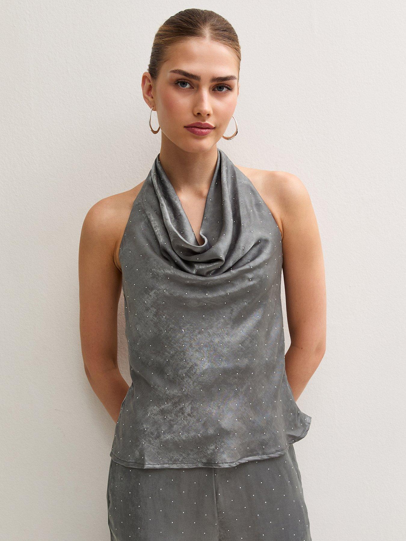Image 1 of 6 of New Look Womens Gem Embellished Cowl Neck Halterneck Blouse - Grey