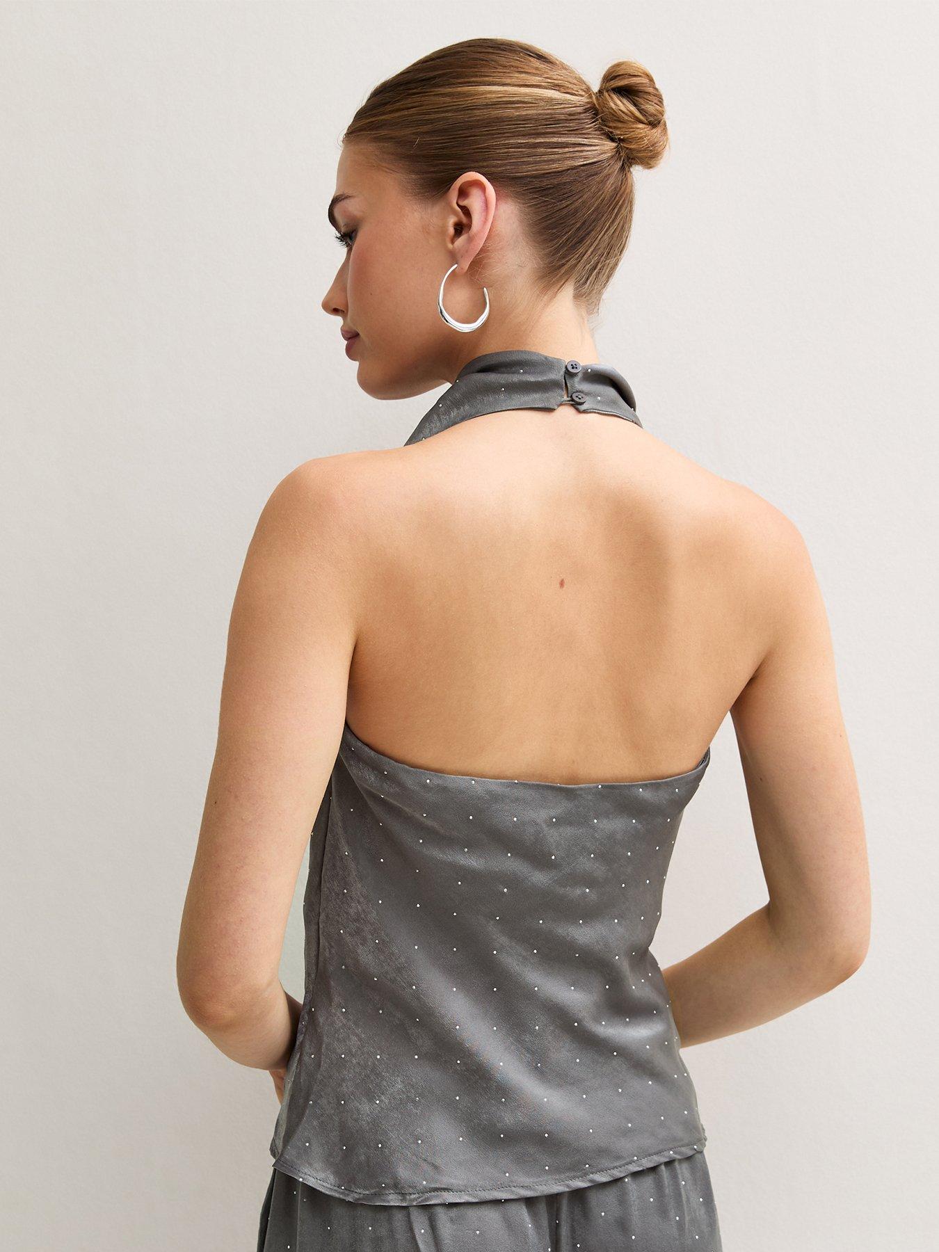 Image 2 of 6 of New Look Womens Gem Embellished Cowl Neck Halterneck Blouse - Grey