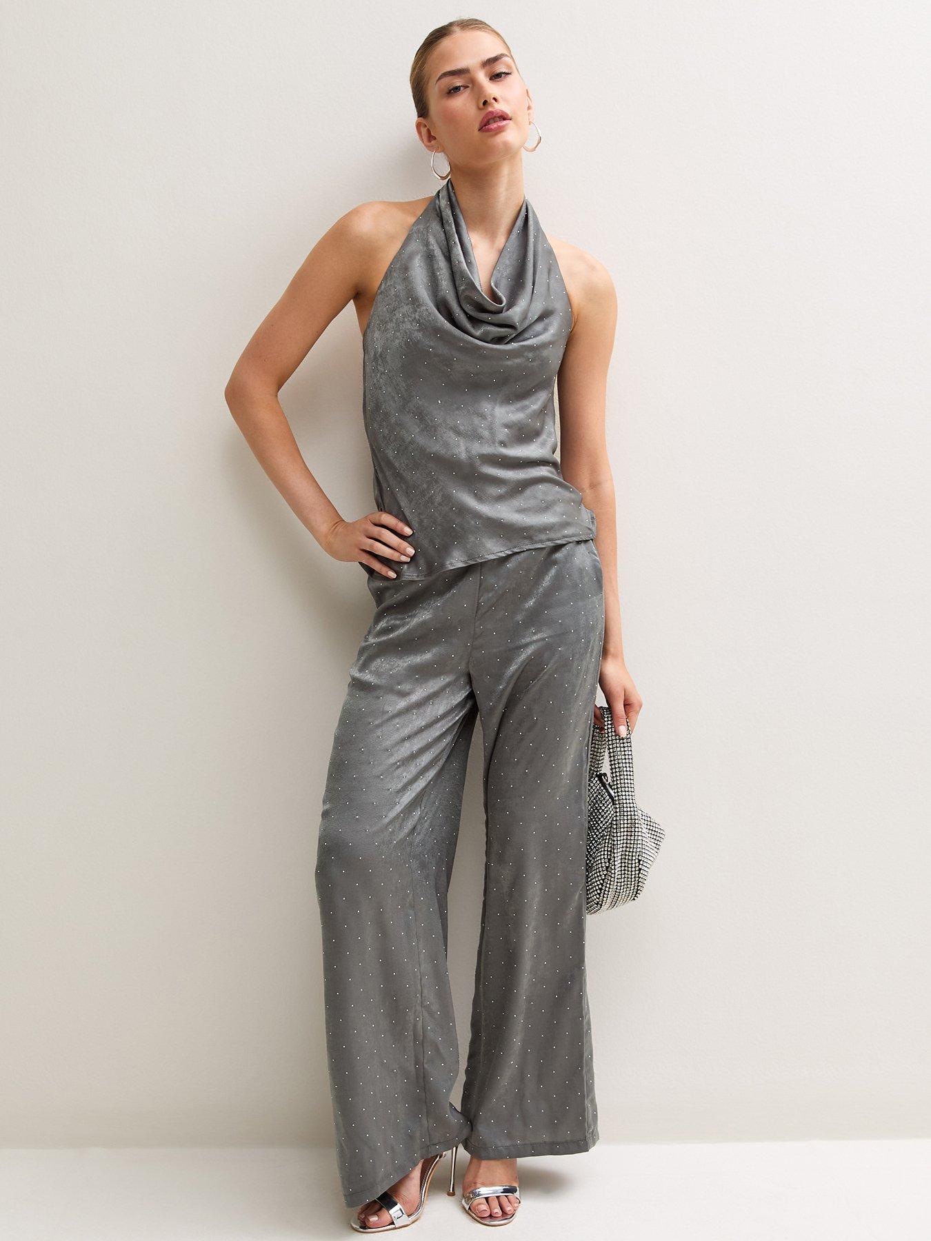 Image 3 of 6 of New Look Womens Gem Embellished Cowl Neck Halterneck Blouse - Grey