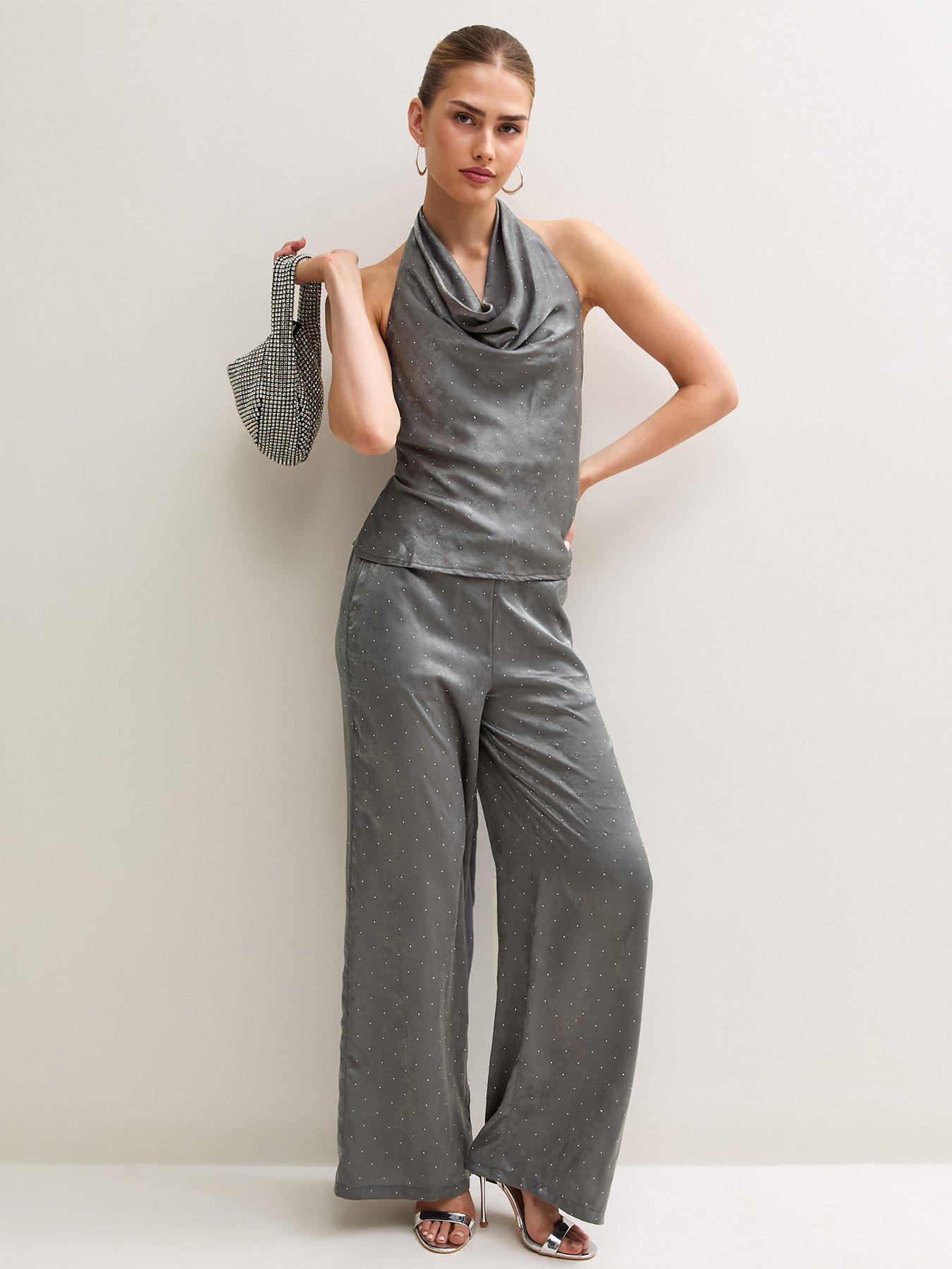 Image 4 of 6 of New Look Womens Gem Embellished Cowl Neck Halterneck Blouse - Grey