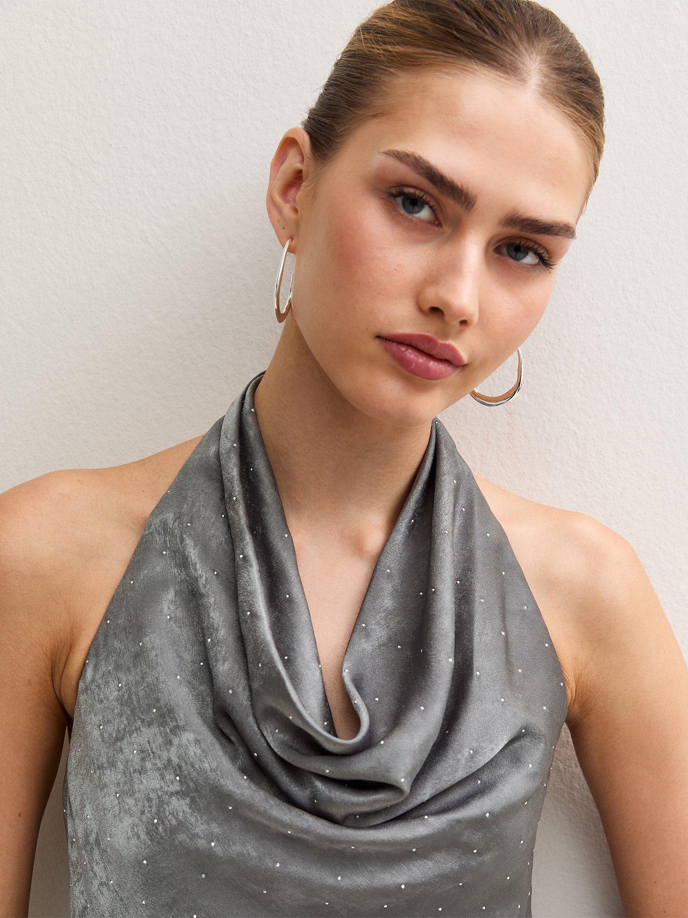 Image 5 of 6 of New Look Womens Gem Embellished Cowl Neck Halterneck Blouse - Grey