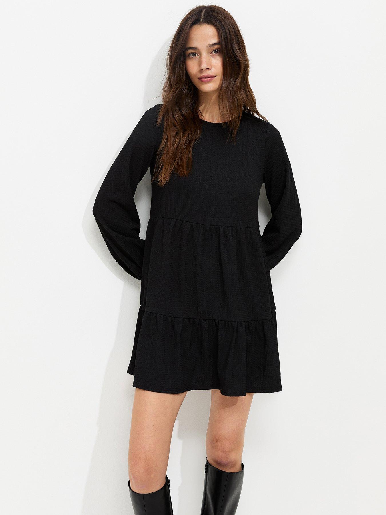New Look Crinkled Long Sleeve Smock Mini Dress - Black