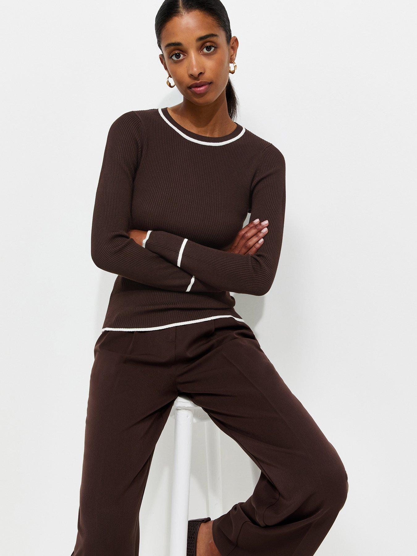 New Look Ribbed Tipped Crew Neck Jumper - Brown