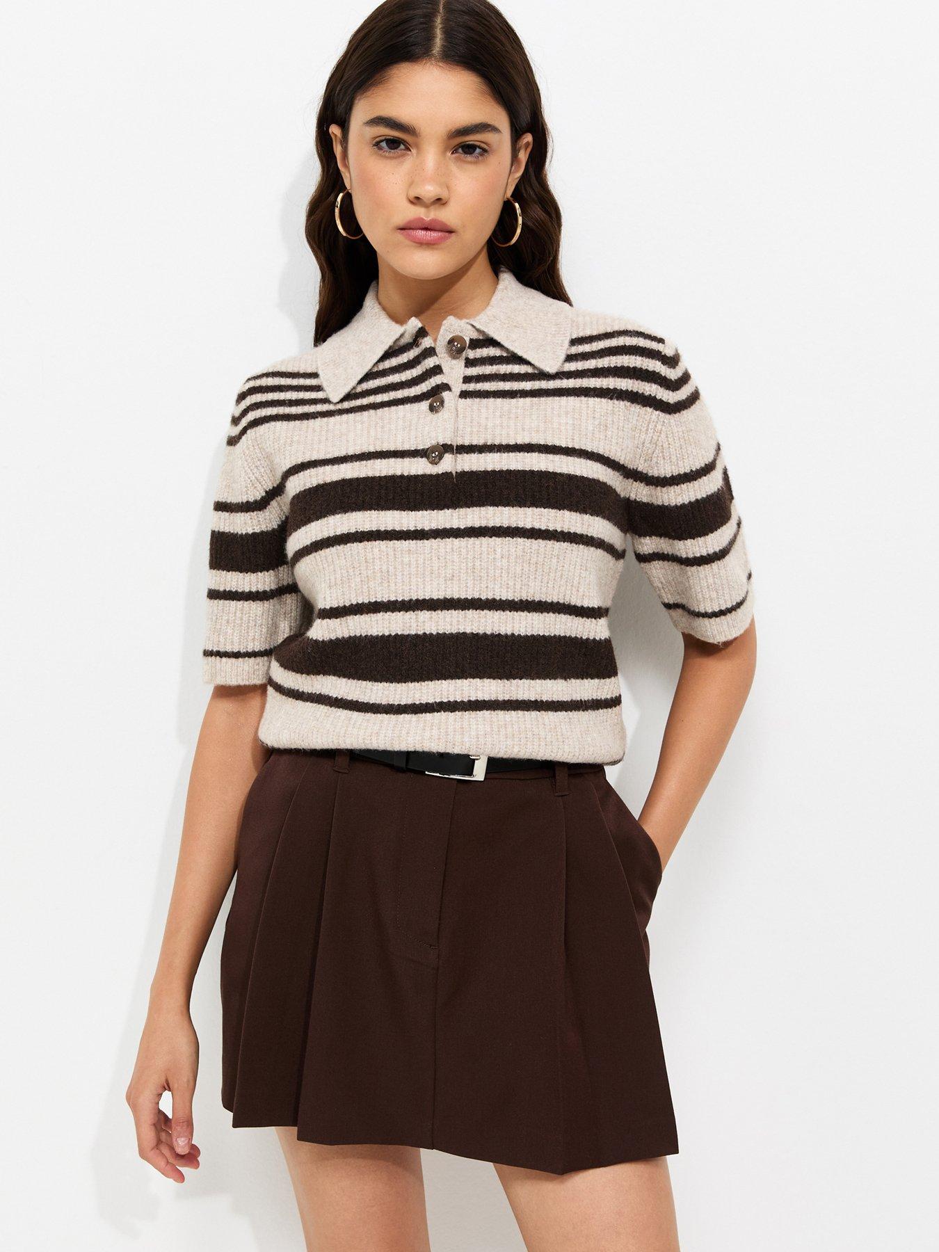 Image 1 of 6 of New Look Multi Striped Ribbed Short Sleeve Polo Top - Brown