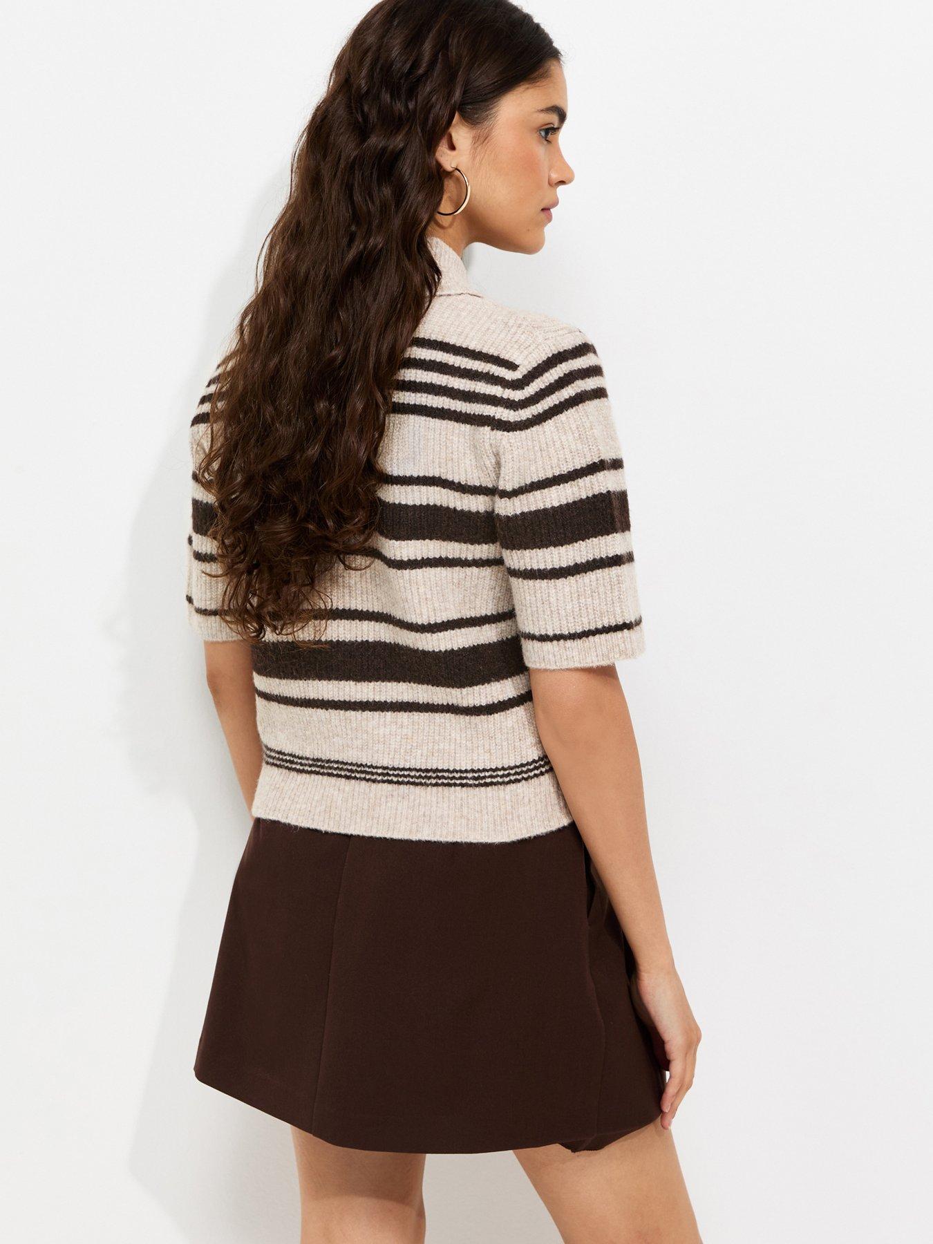 Image 2 of 6 of New Look Multi Striped Ribbed Short Sleeve Polo Top - Brown