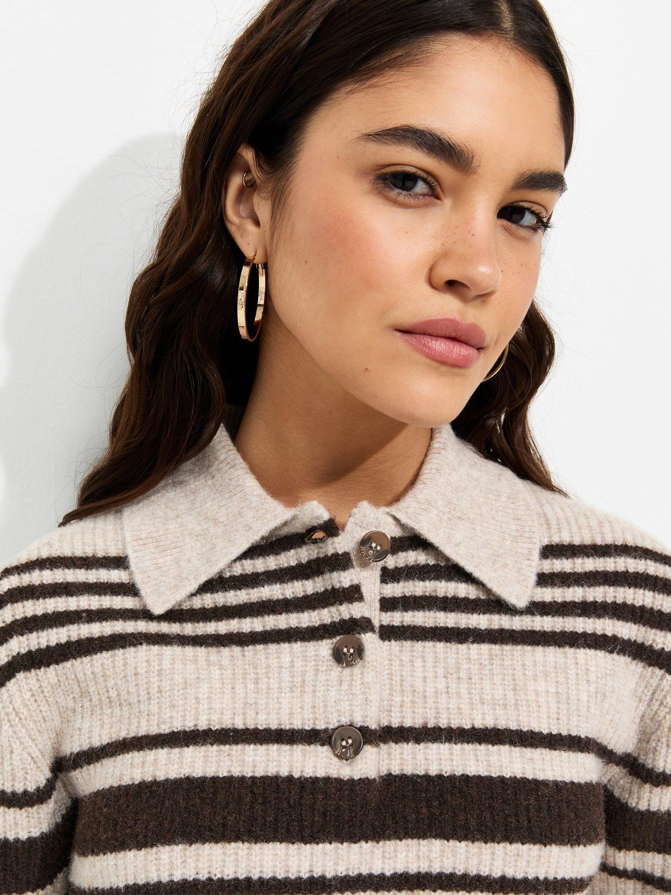 Image 4 of 6 of New Look Multi Striped Ribbed Short Sleeve Polo Top - Brown