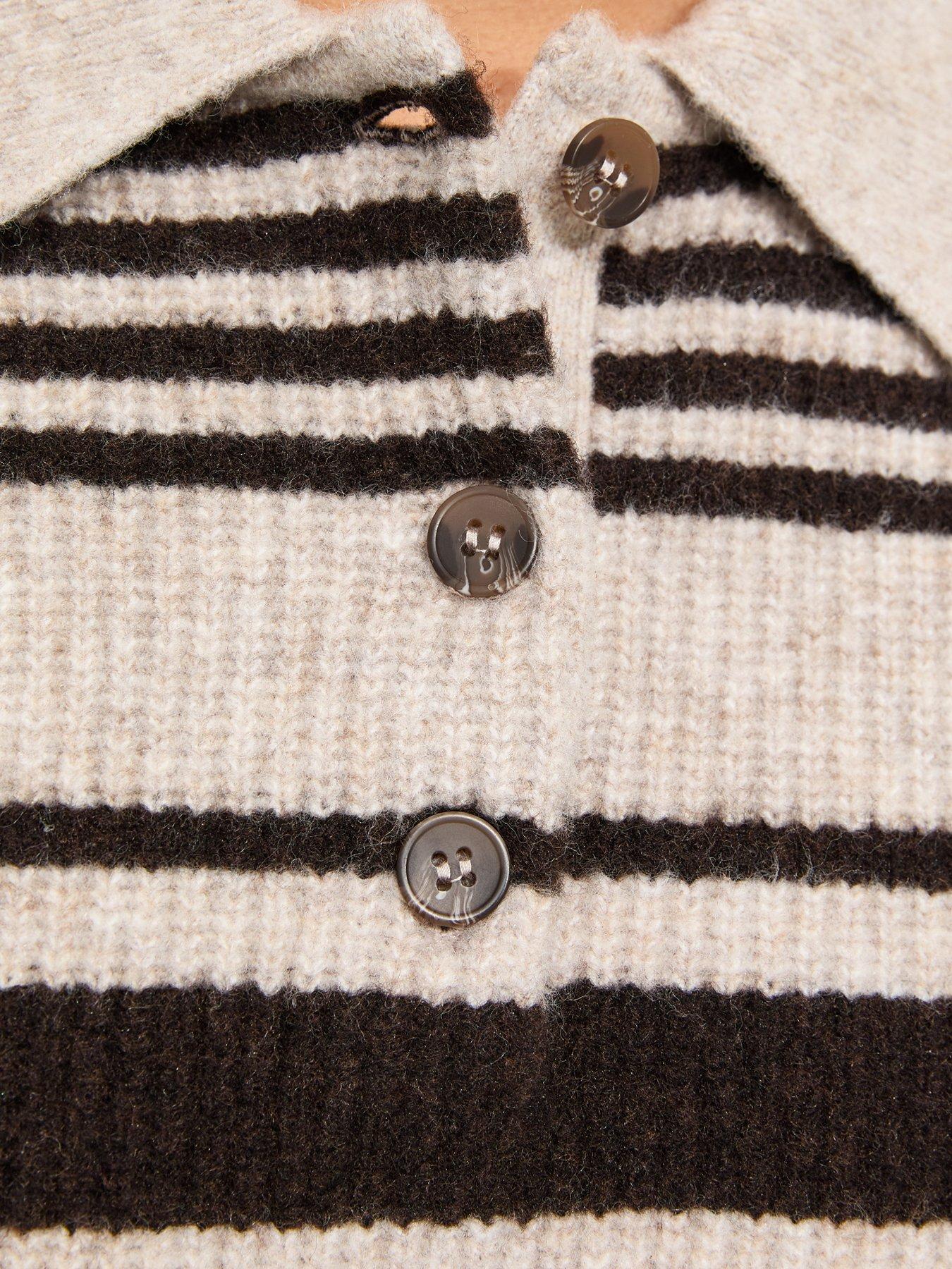 Image 5 of 6 of New Look Multi Striped Ribbed Short Sleeve Polo Top - Brown