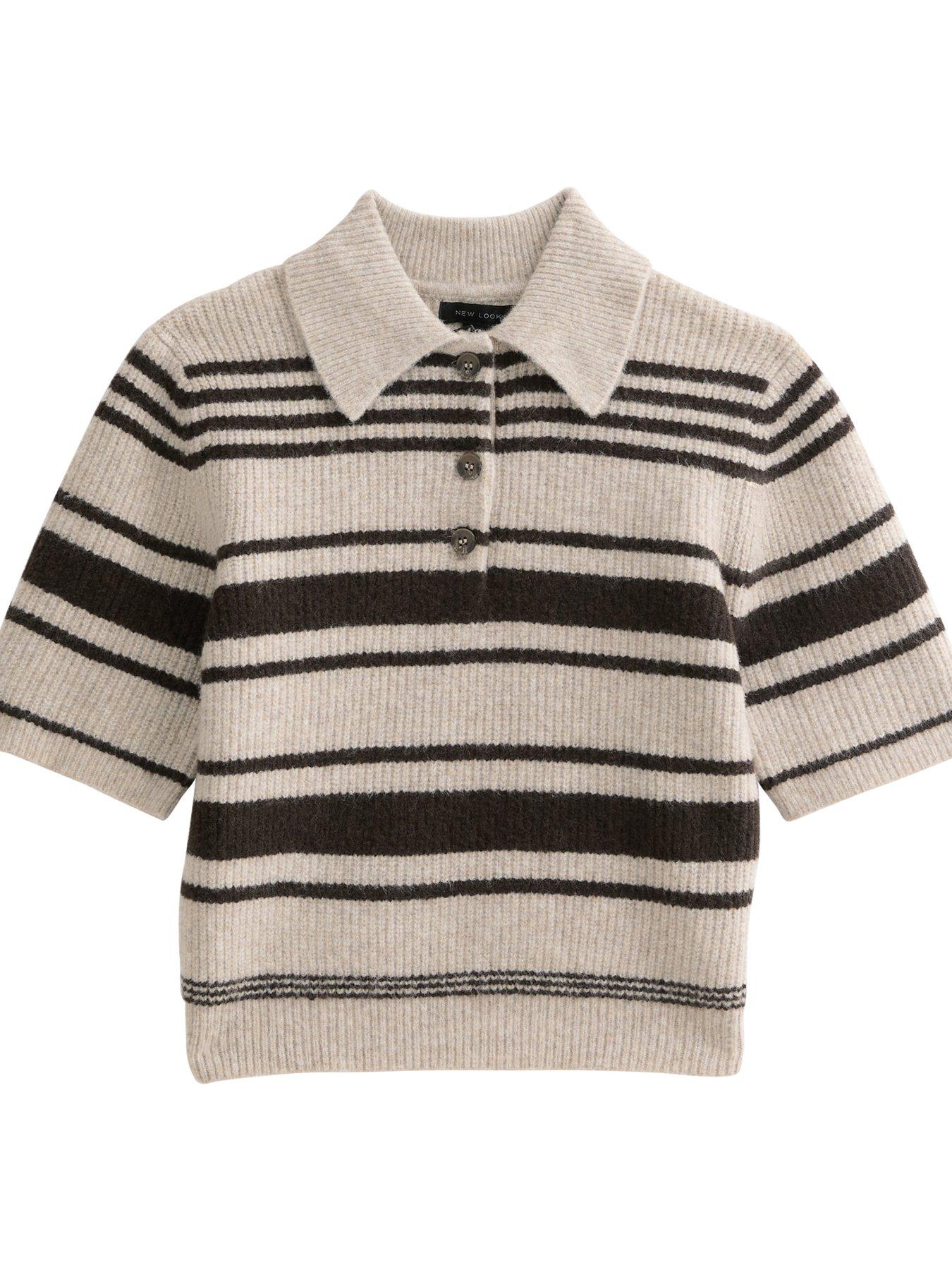 Image 6 of 6 of New Look Multi Striped Ribbed Short Sleeve Polo Top - Brown