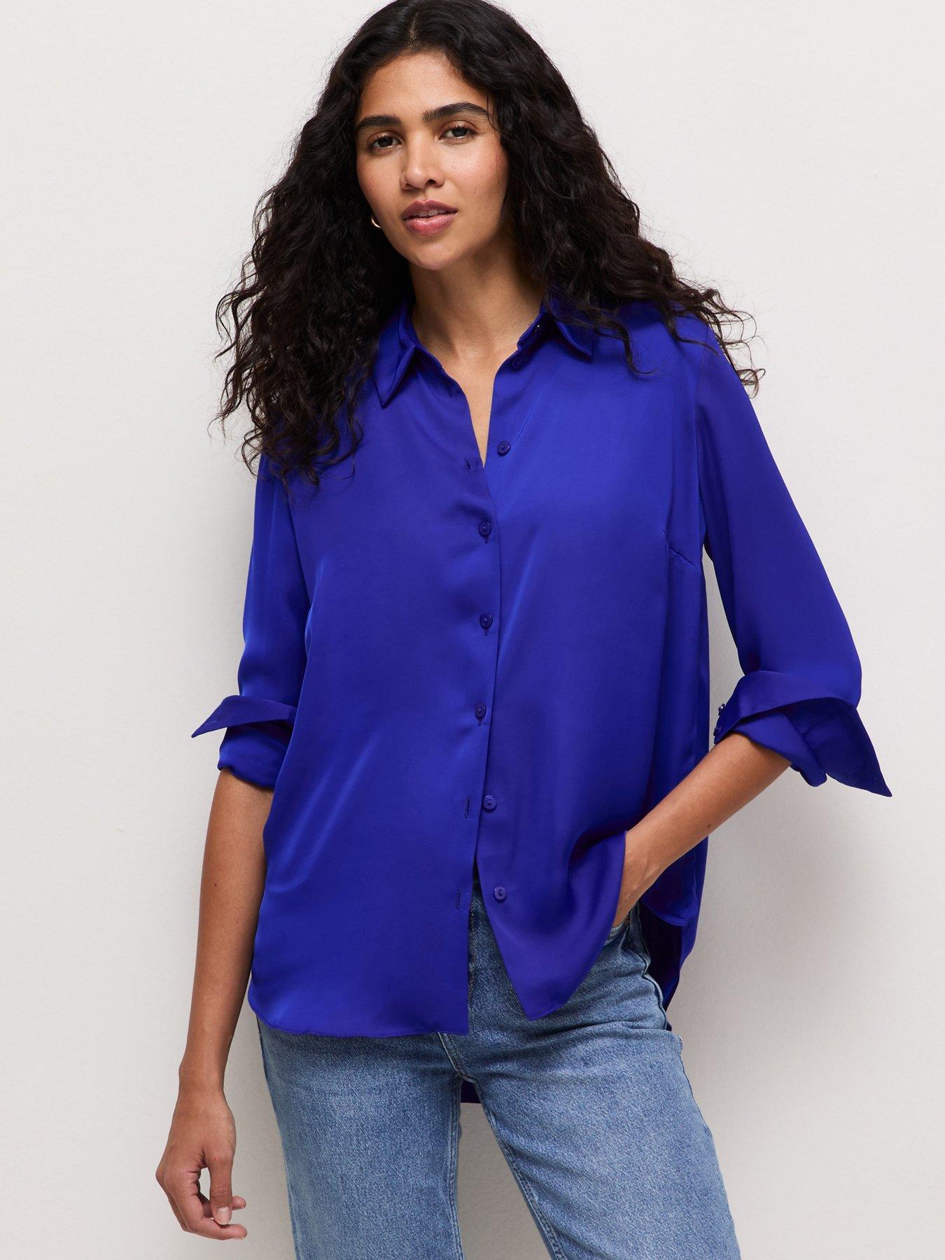 Image 1 of 5 of New Look Satin Long Sleeve Shirt - Blue