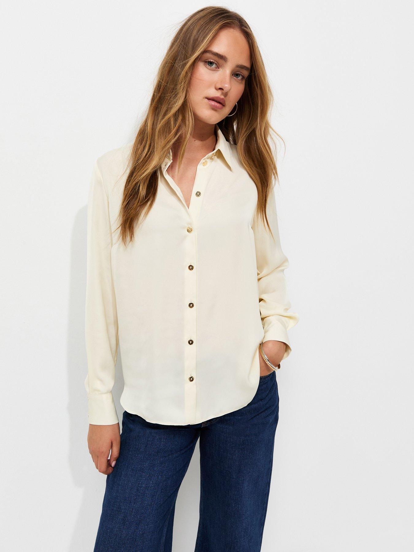 Image 1 of 6 of New Look Womens Longline Satin-Look Button-Through Shirt - Cream
