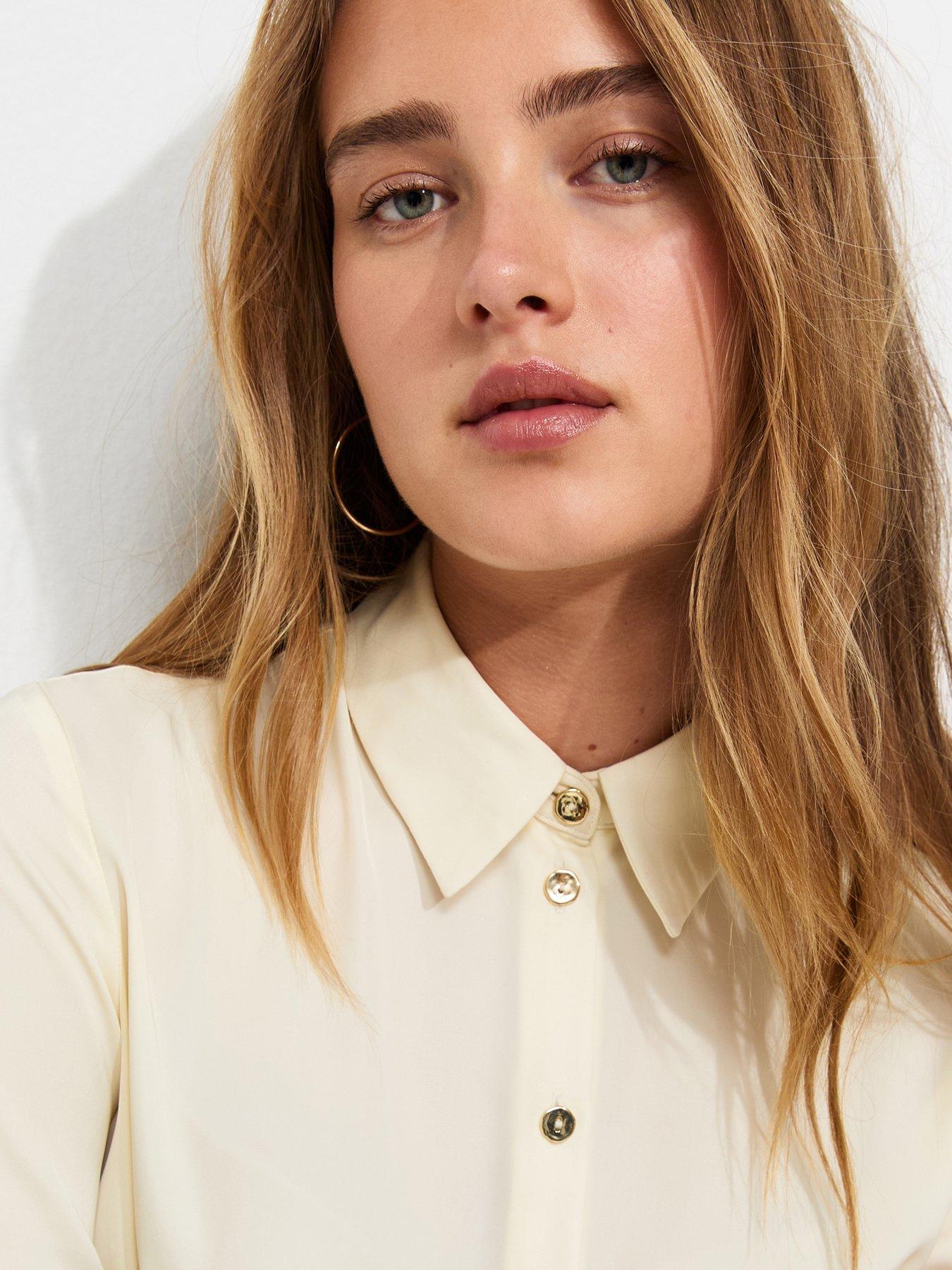 Image 4 of 6 of New Look Womens Longline Satin-Look Button-Through Shirt - Cream