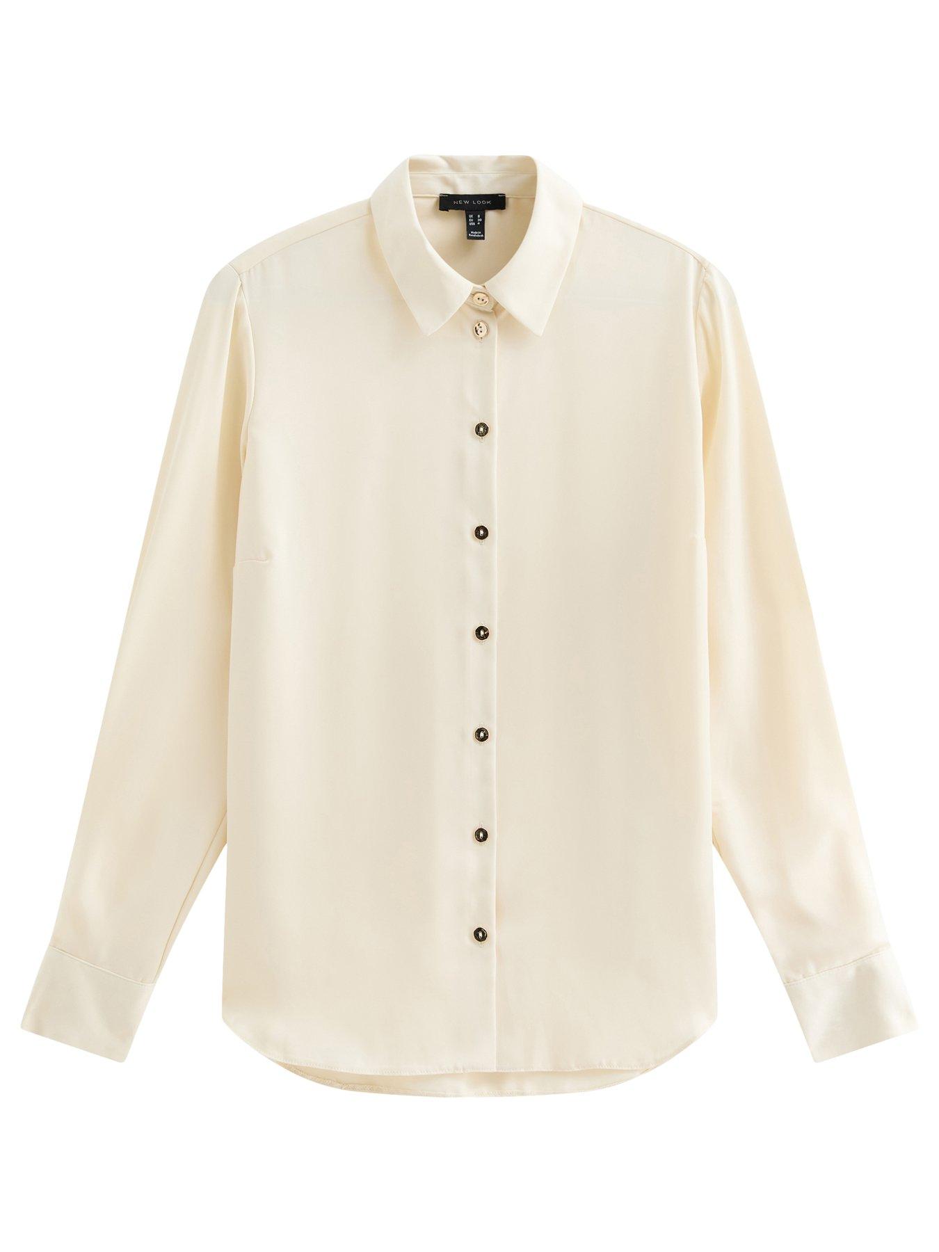 Image 6 of 6 of New Look Womens Longline Satin-Look Button-Through Shirt - Cream