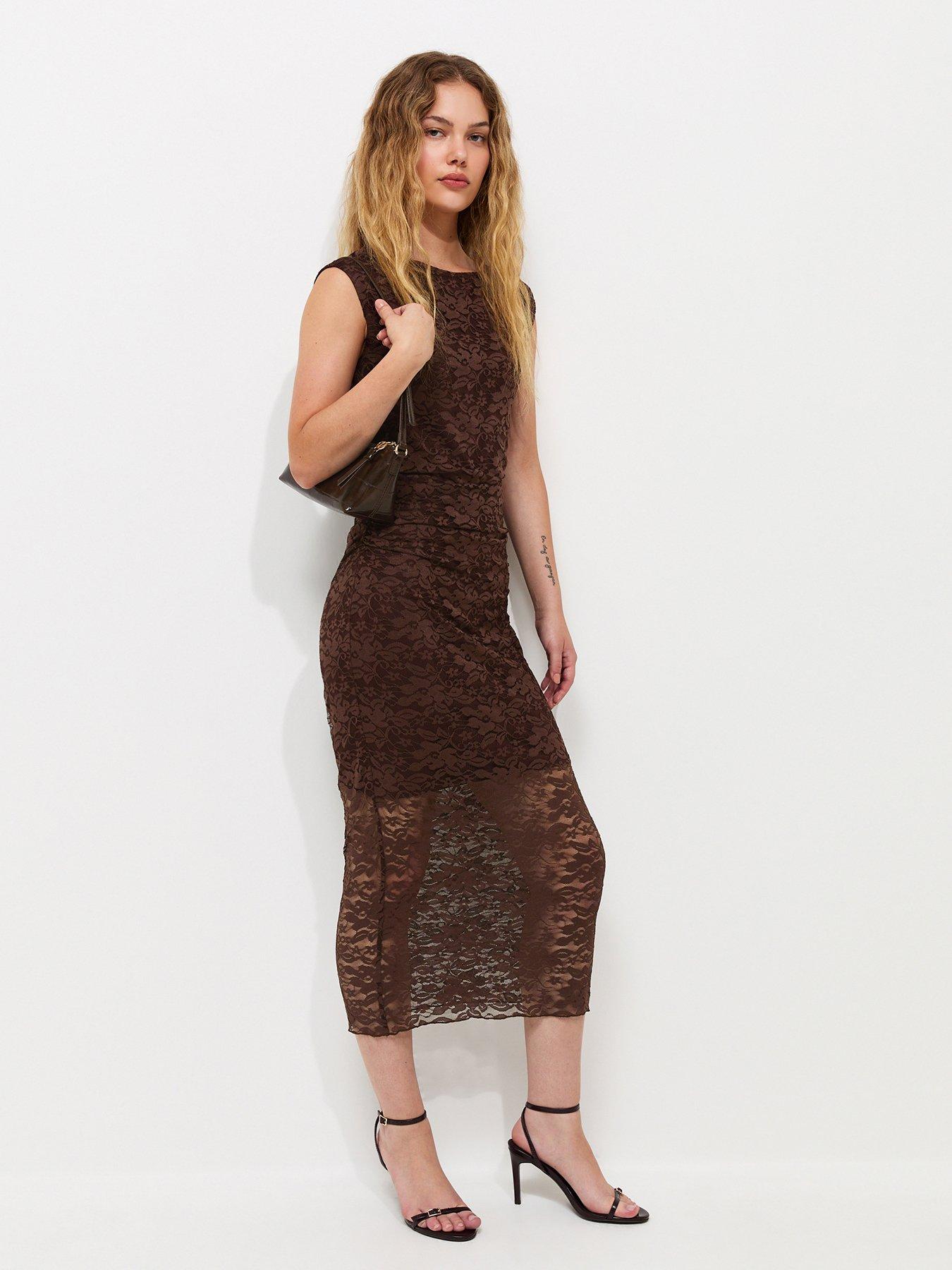 New Look Lace Ruched Side Sleeveless Midi Sleeve - Dark Brown